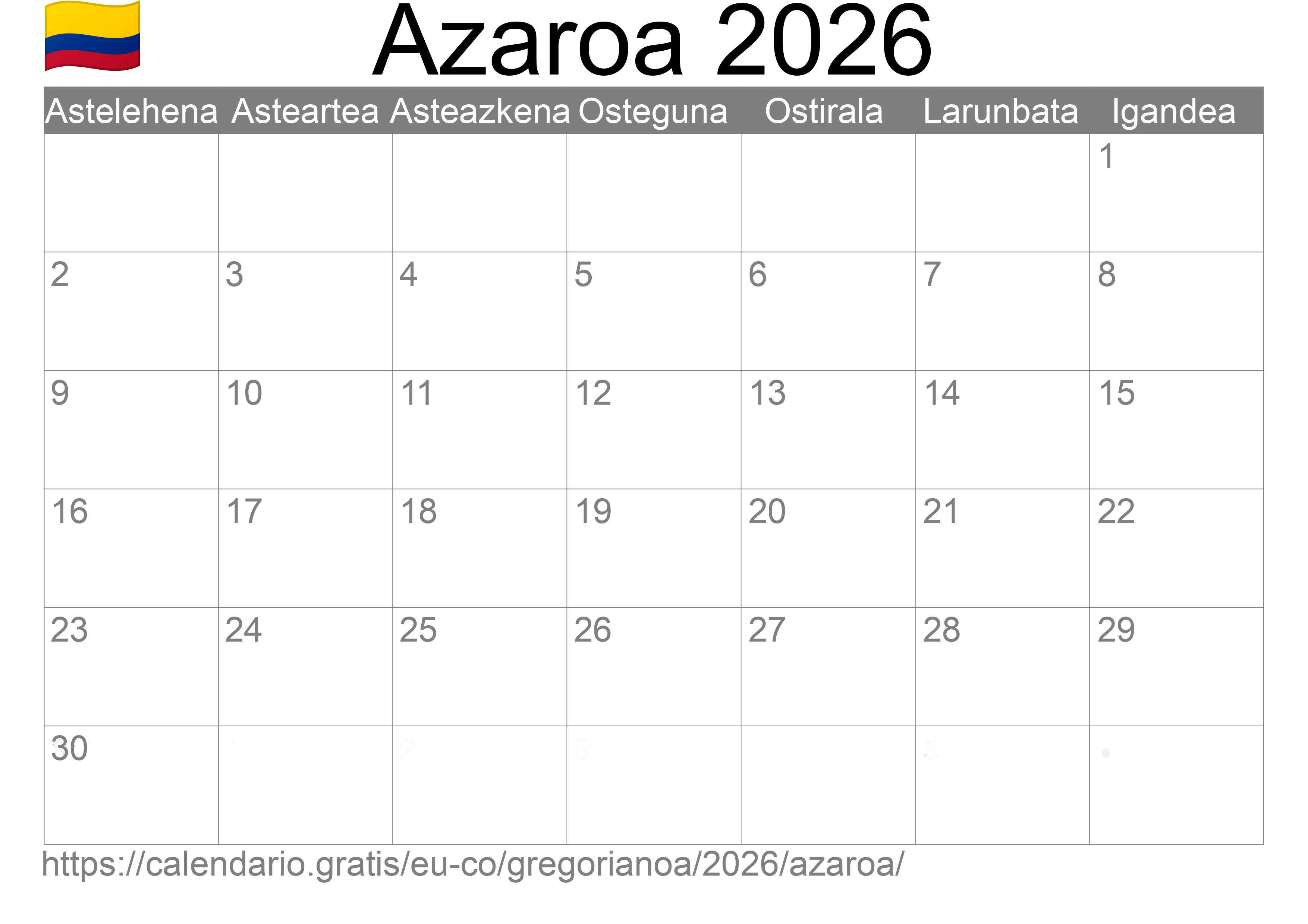 2026ko Azaroa egutegia inprimatzeko