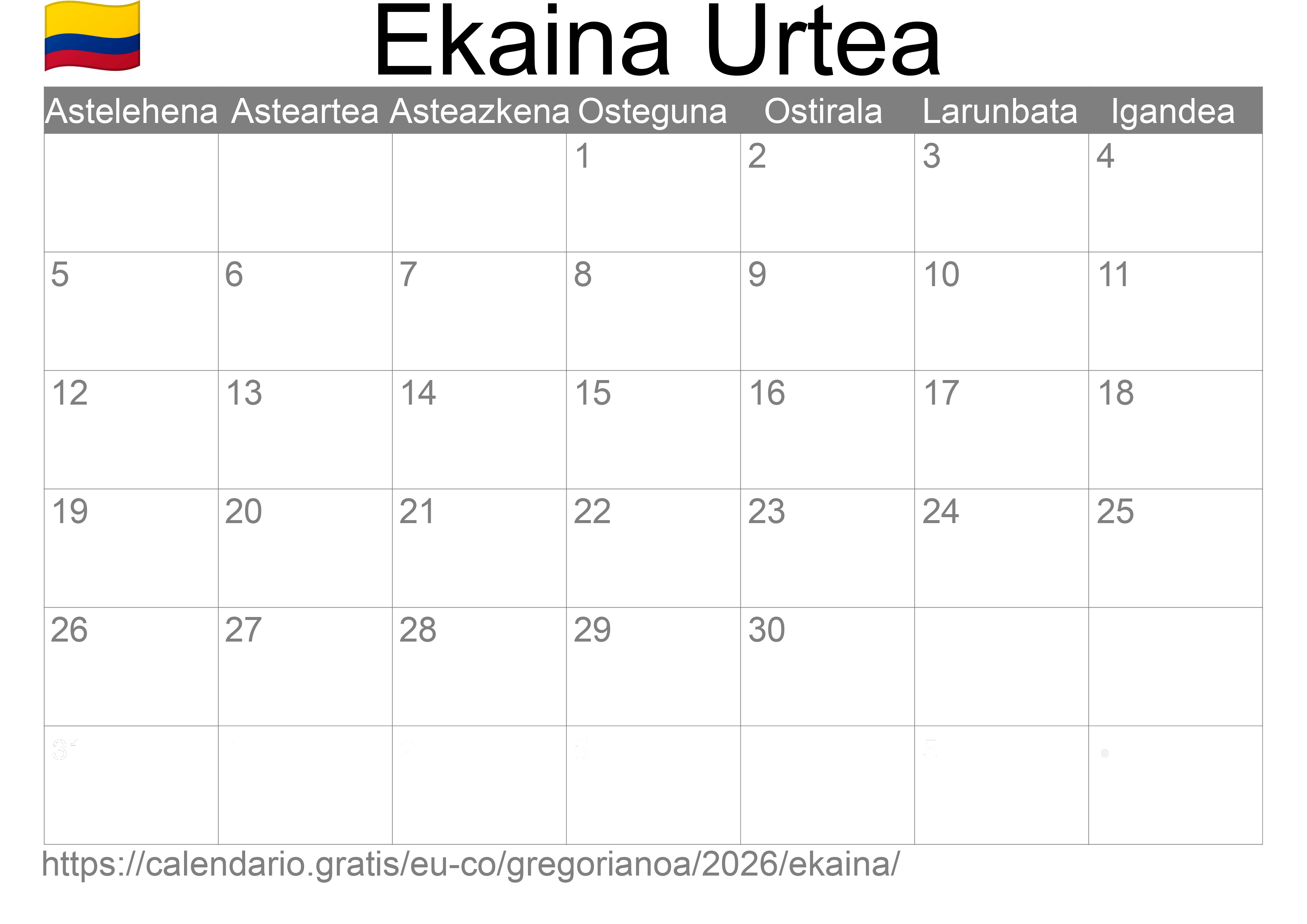 2026ko Ekaina egutegia inprimatzeko