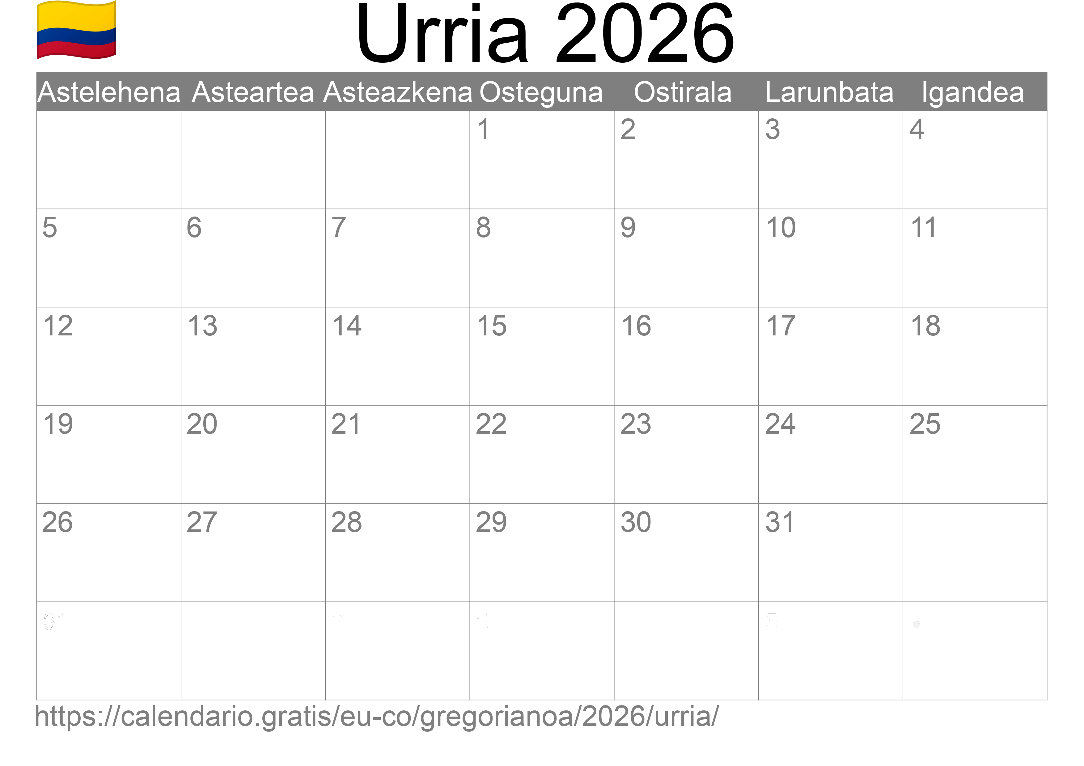 2026ko Urria egutegia inprimatzeko