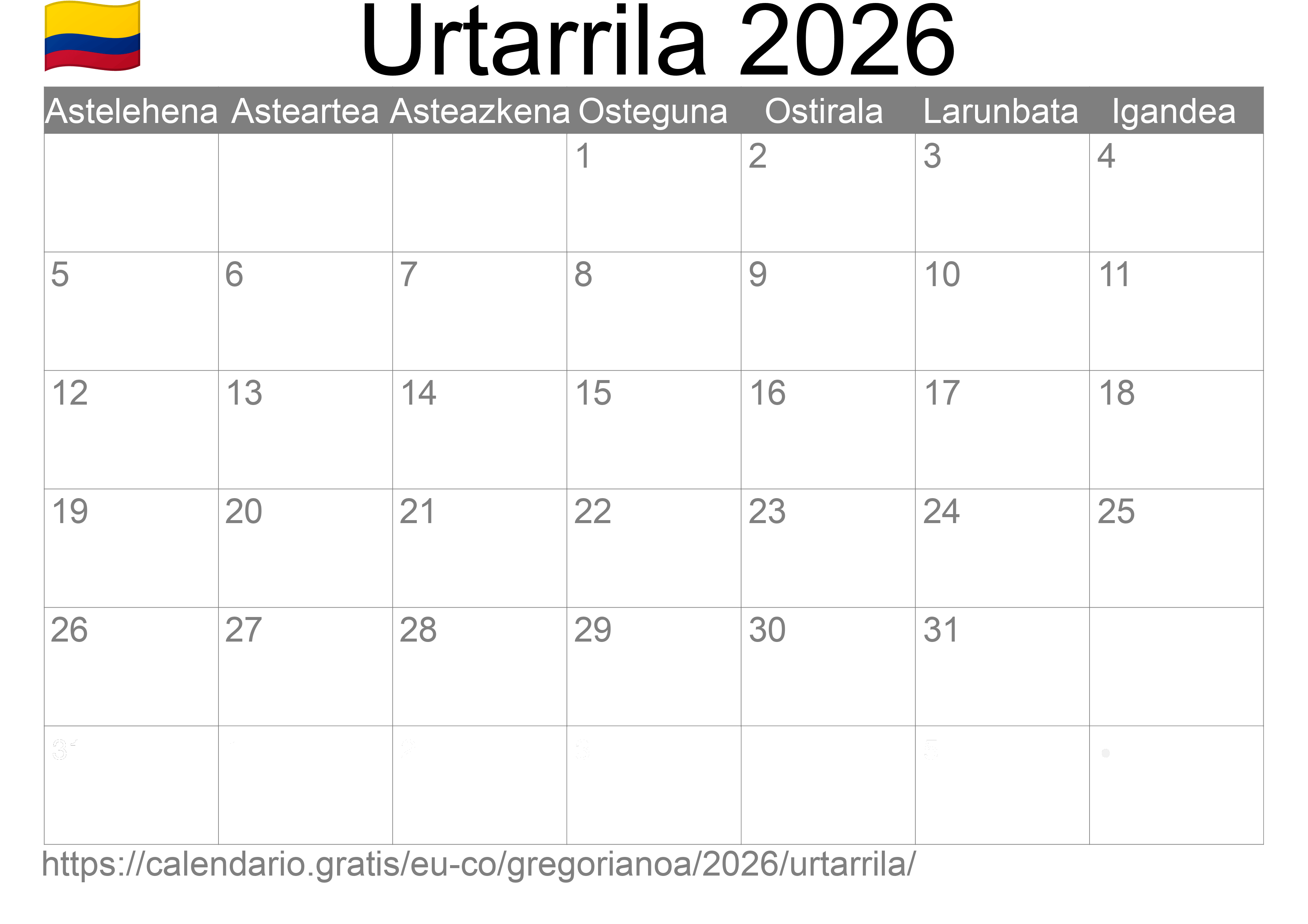 2026ko Urtarrila egutegia inprimatzeko