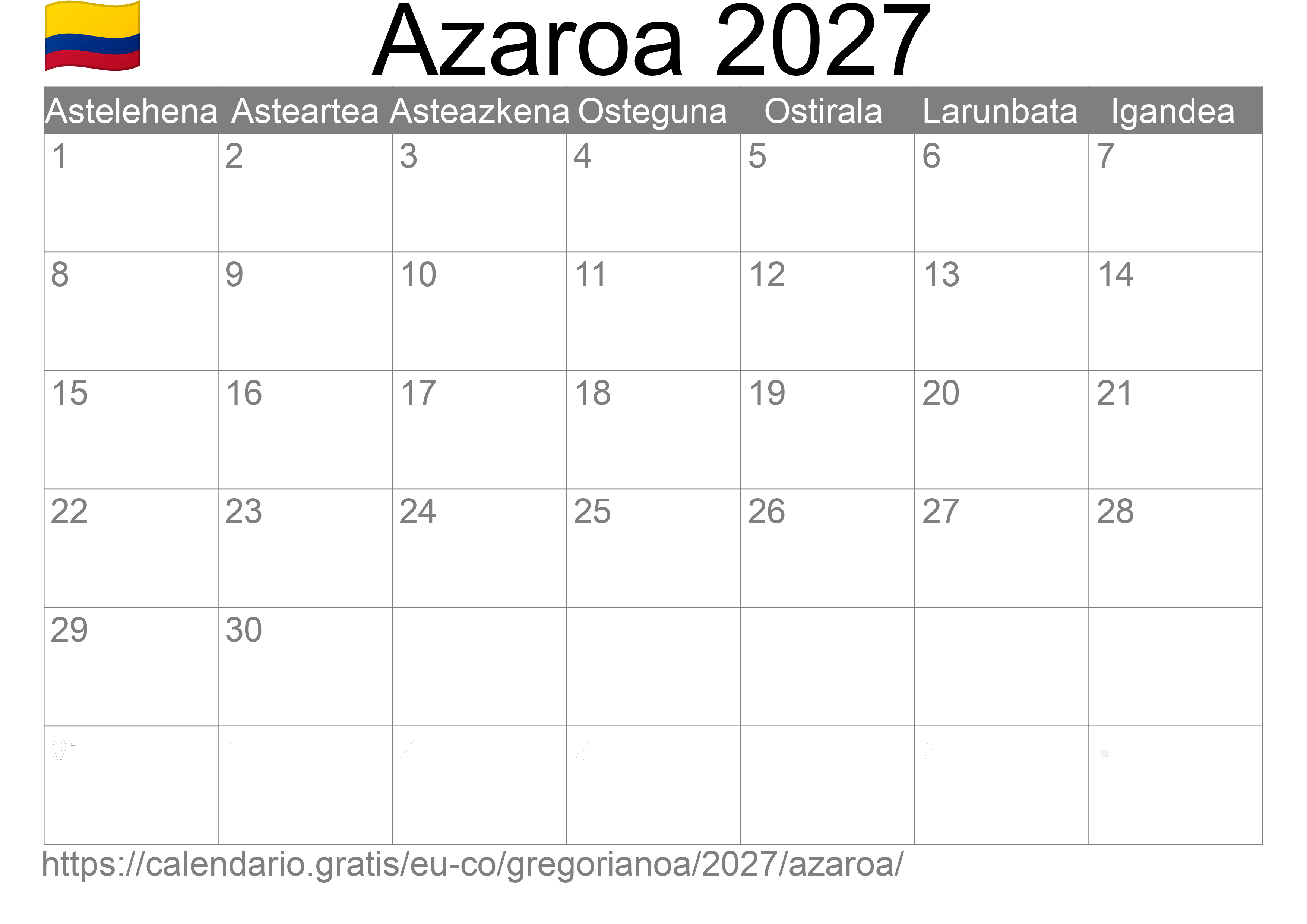 2027ko Azaroa egutegia inprimatzeko