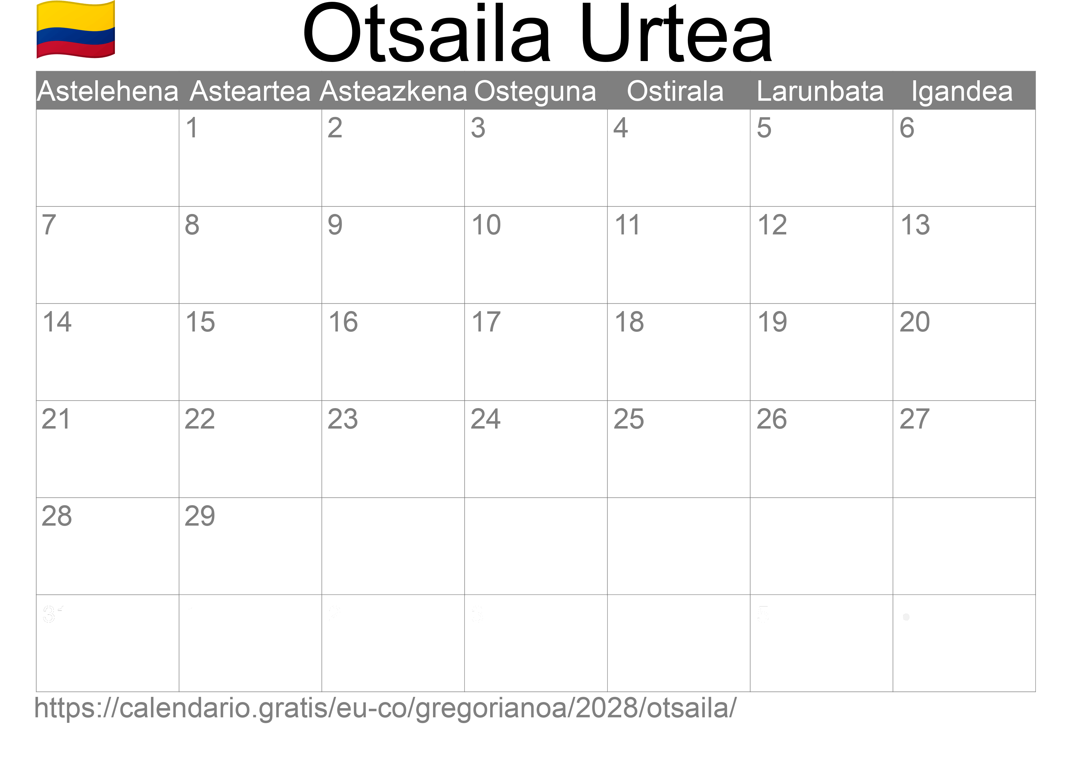 2028ko Otsaila egutegia inprimatzeko