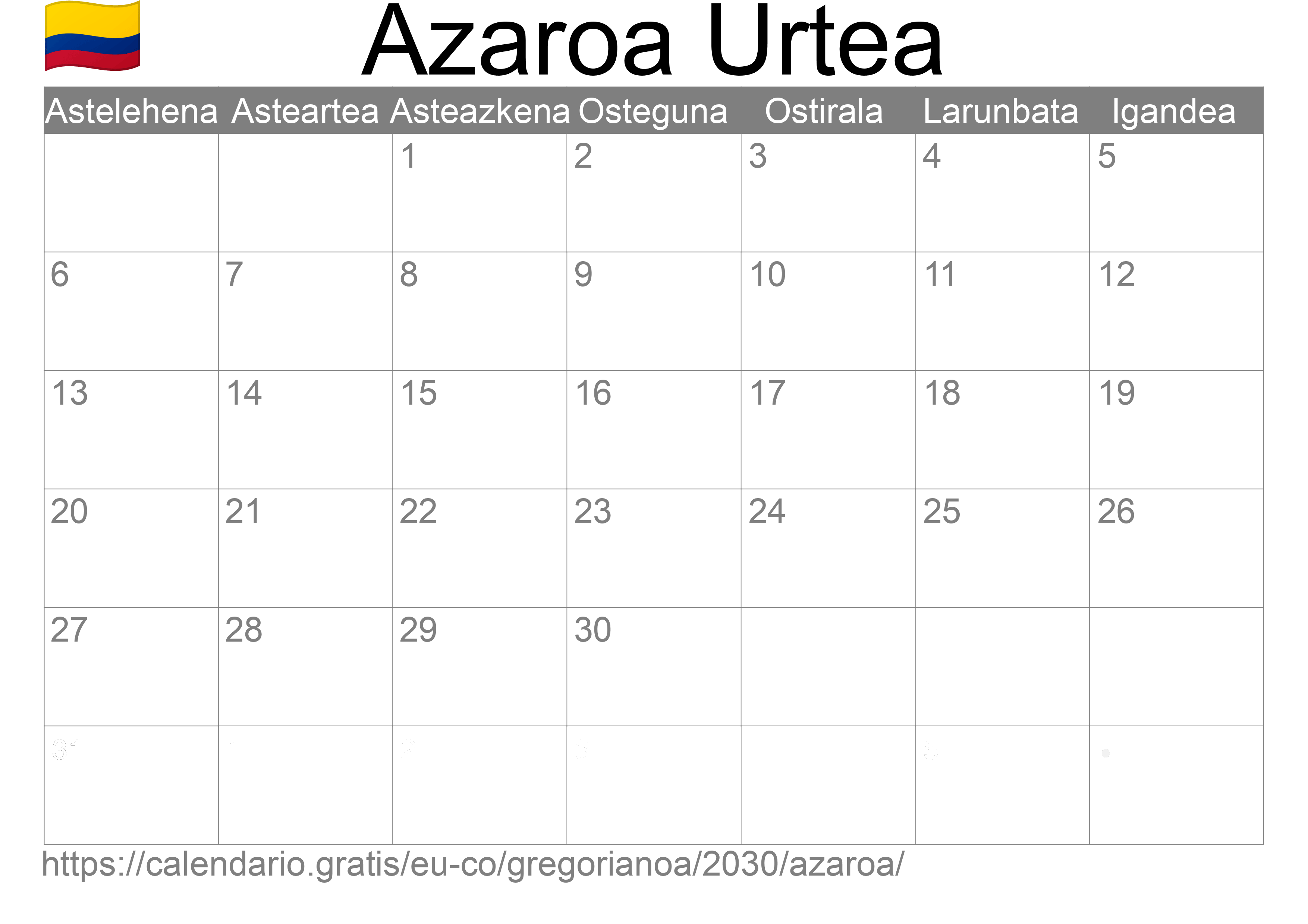 2030ko Azaroa egutegia inprimatzeko