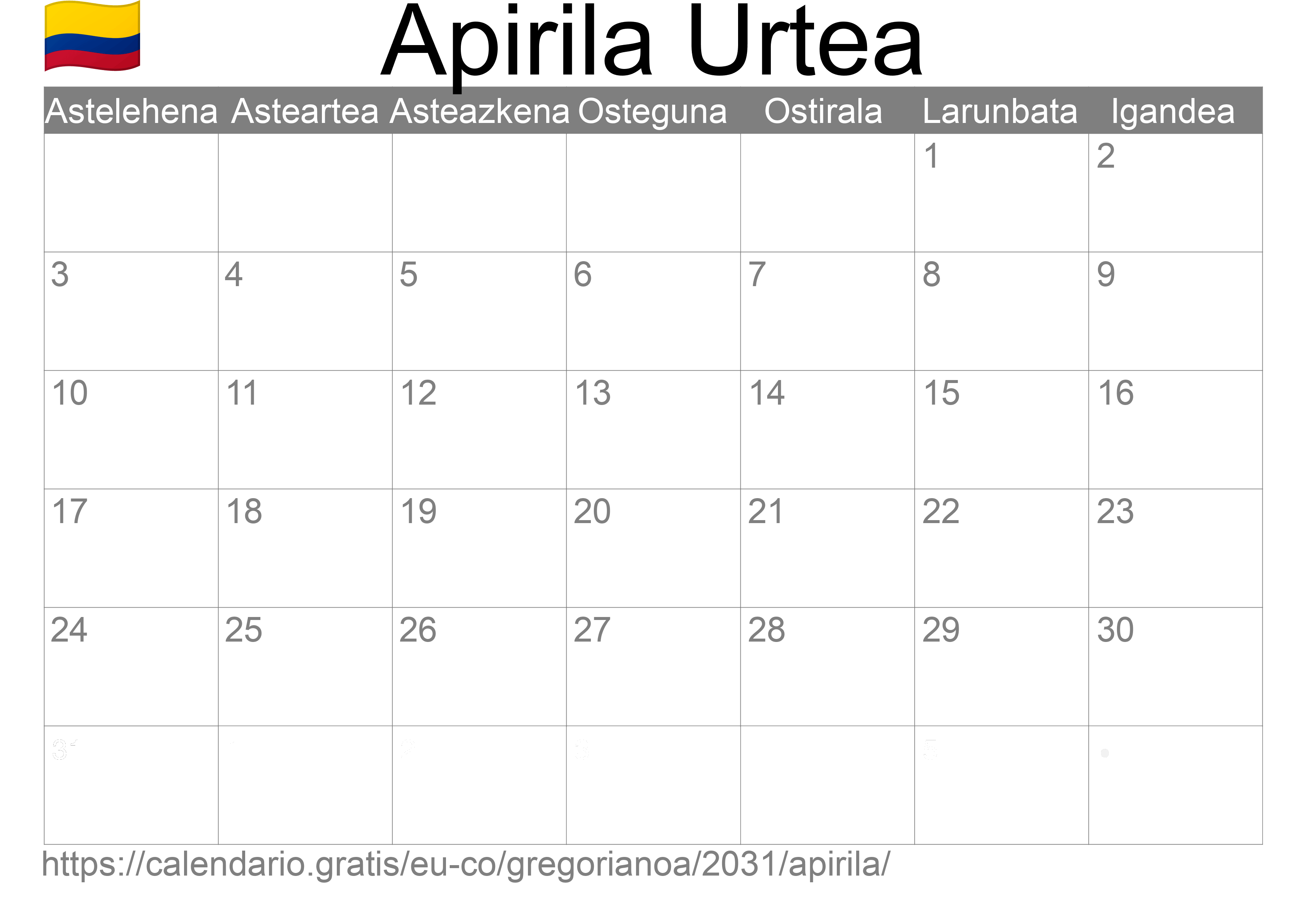 2031ko Apirila egutegia inprimatzeko