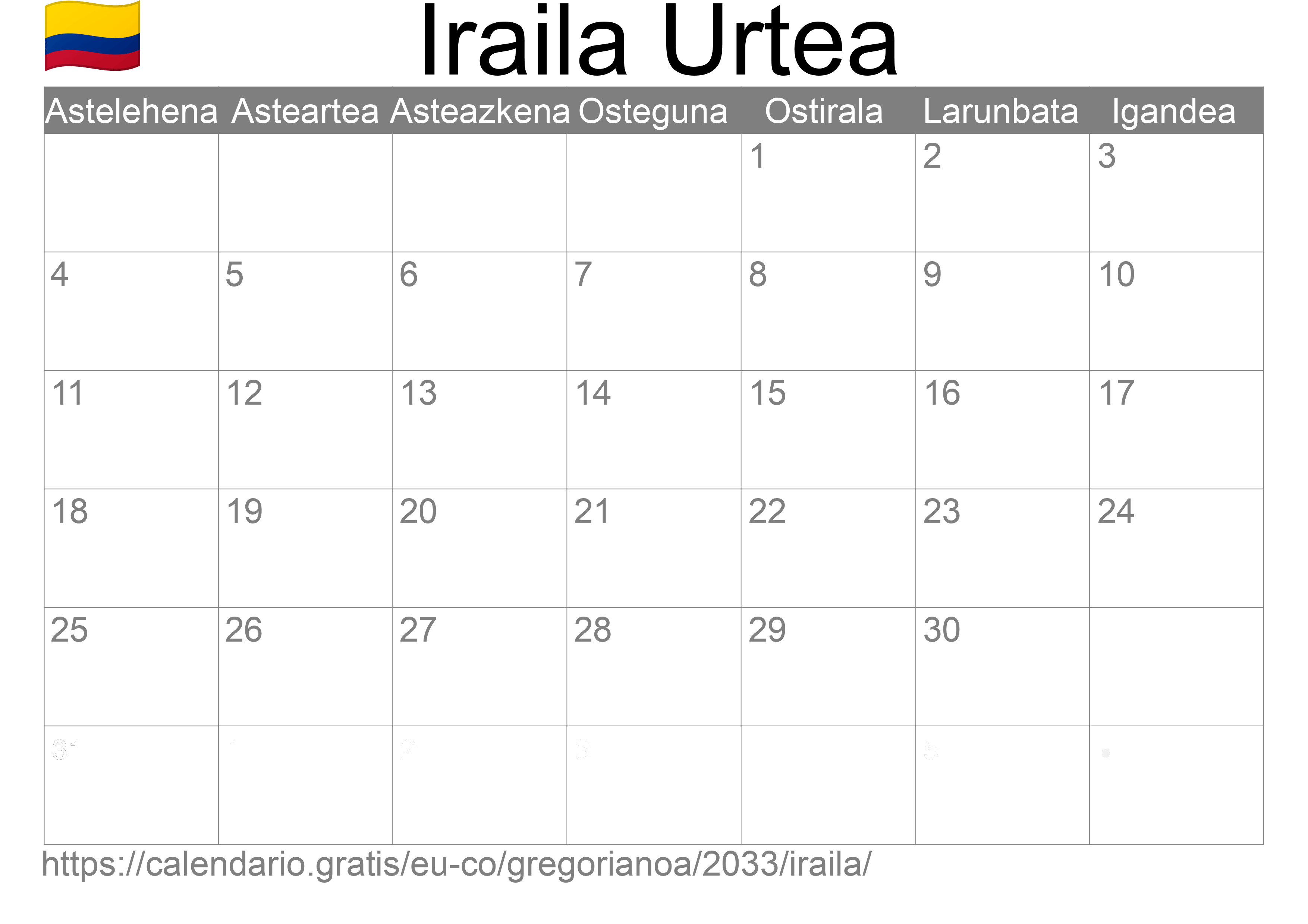 2033ko Iraila egutegia inprimatzeko