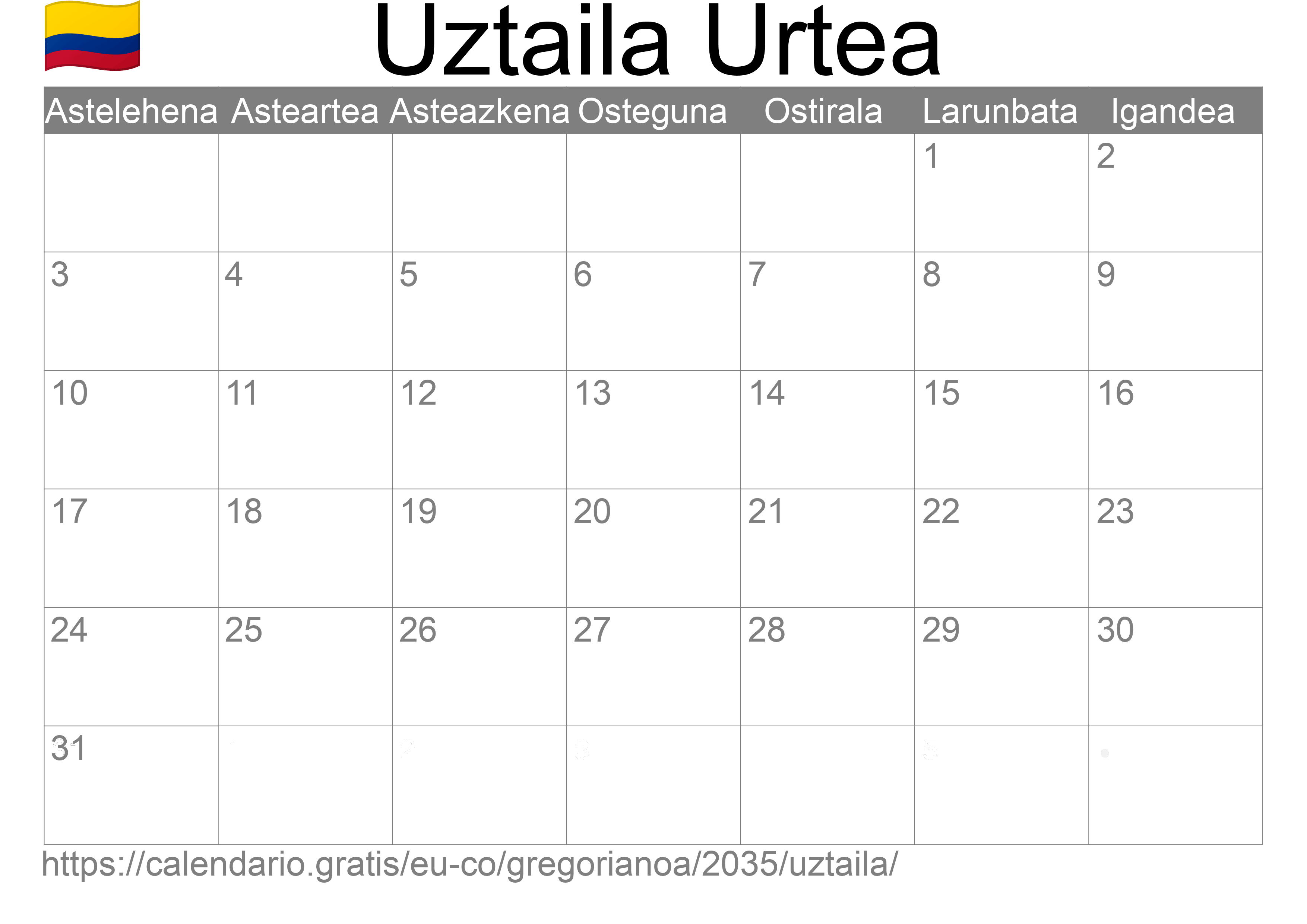 2035ko Uztaila egutegia inprimatzeko