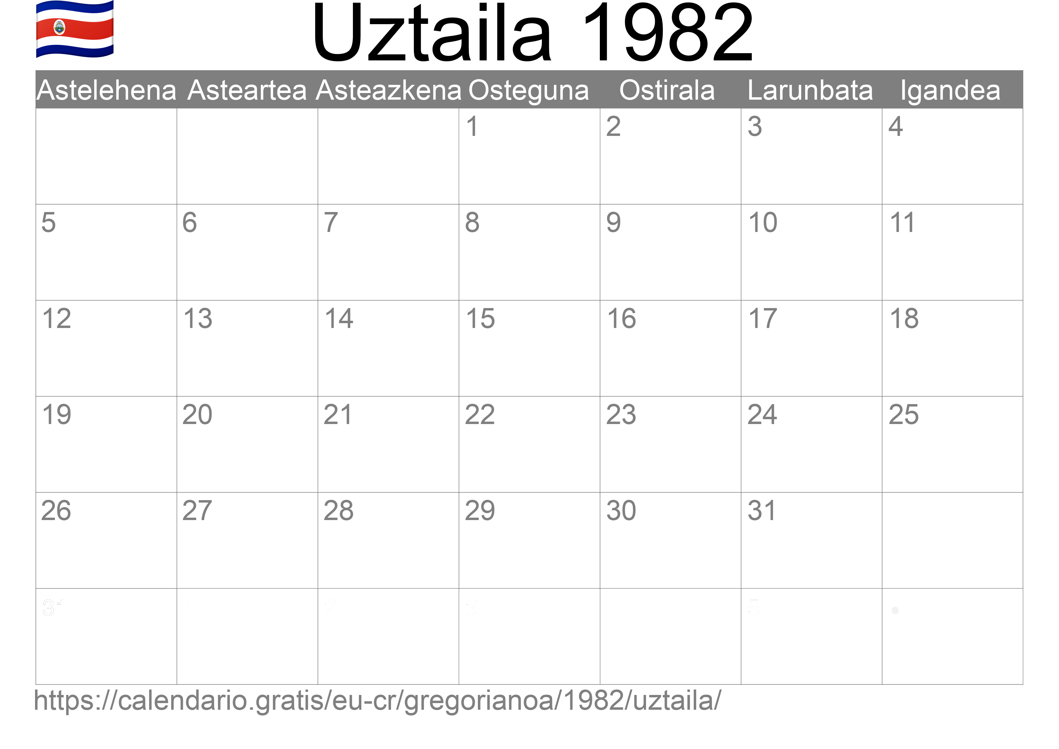 1982ko Uztaila egutegia inprimatzeko