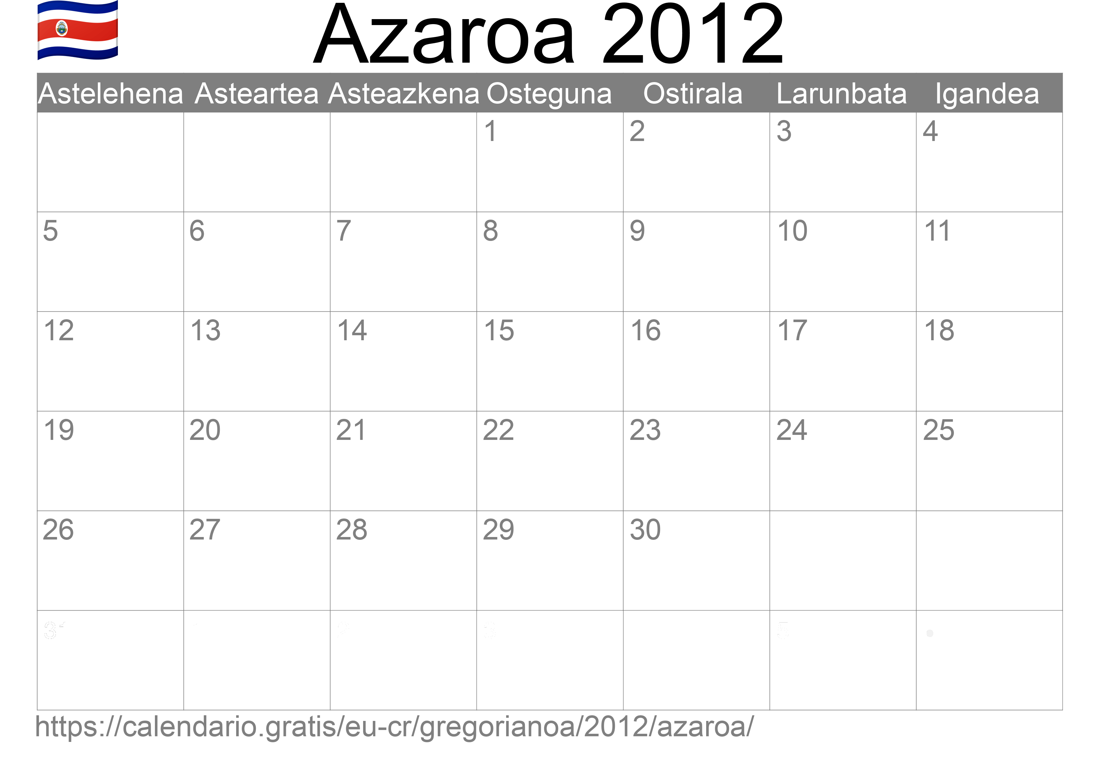 2012ko Azaroa egutegia inprimatzeko