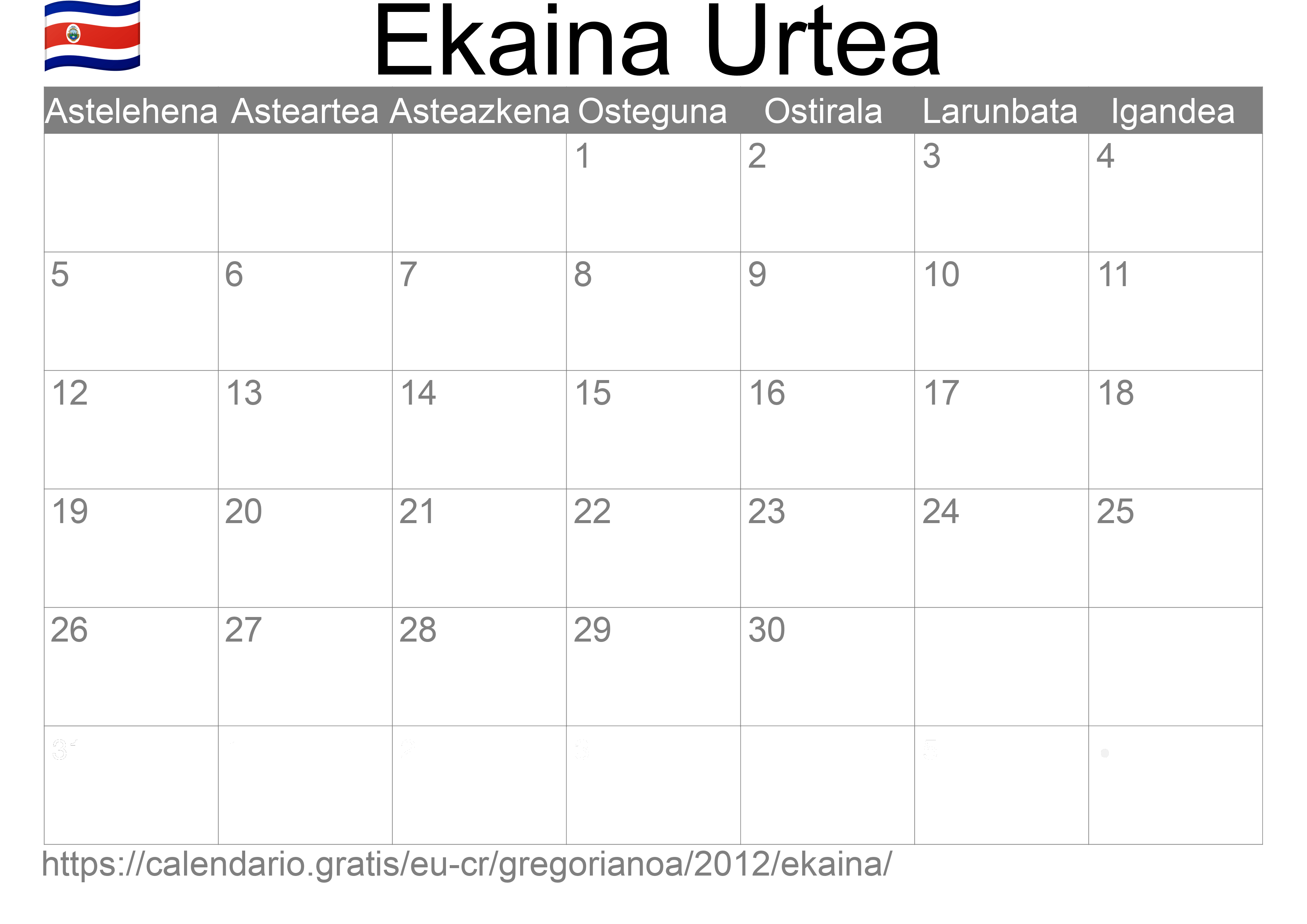 2012ko Ekaina egutegia inprimatzeko