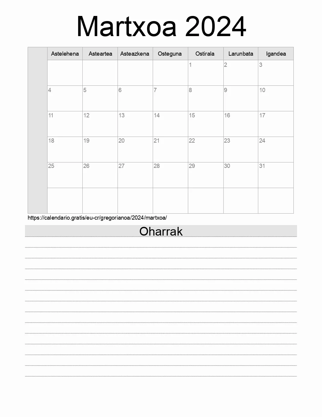 Inprimatzeko Martxoa 2024 egutegia, oharrekin. (Costa Rica) Inprimatzeko Martxoa 2024 egutegia, oharrekin. (Costa Rica)