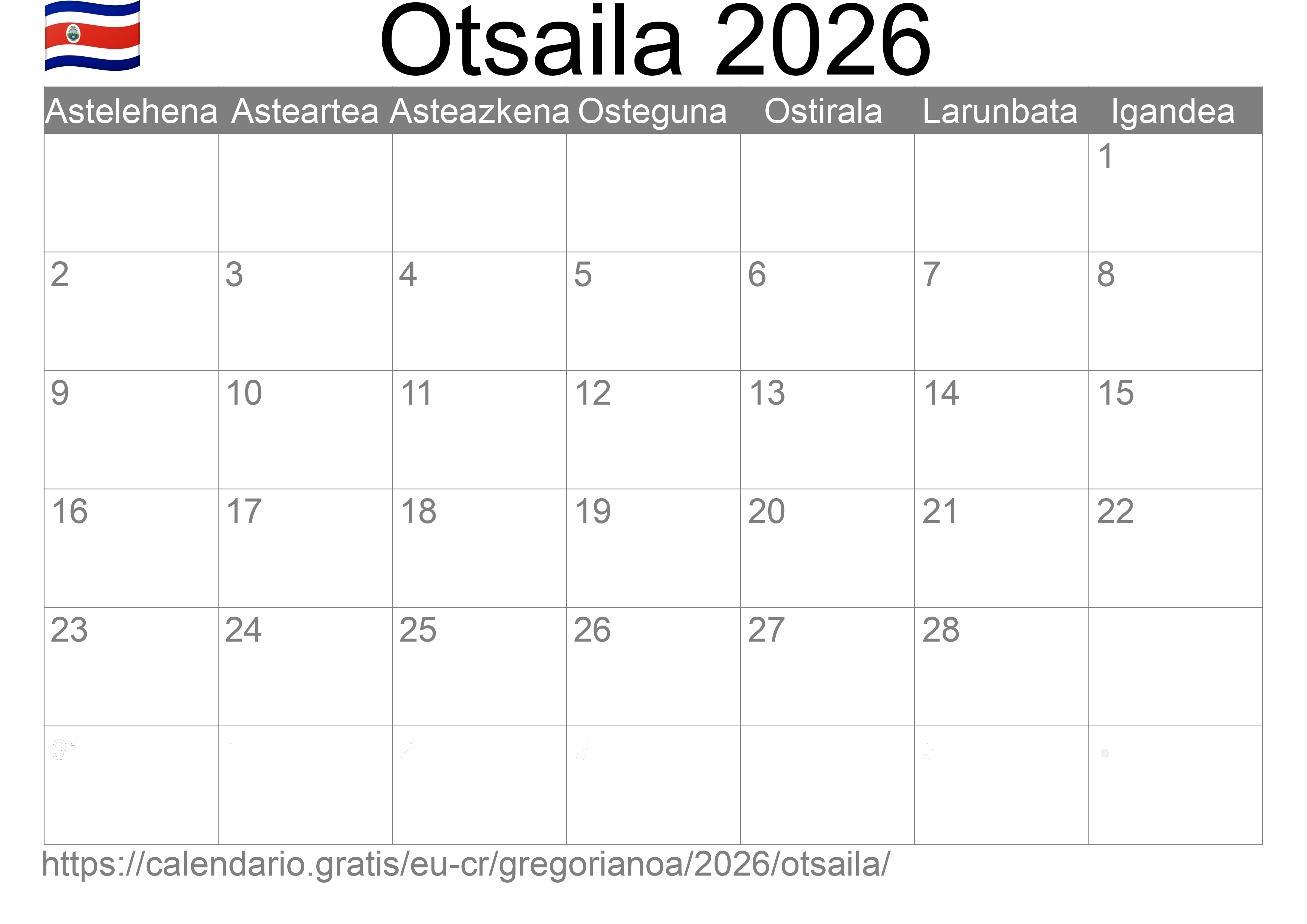 2026ko Otsaila egutegia inprimatzeko