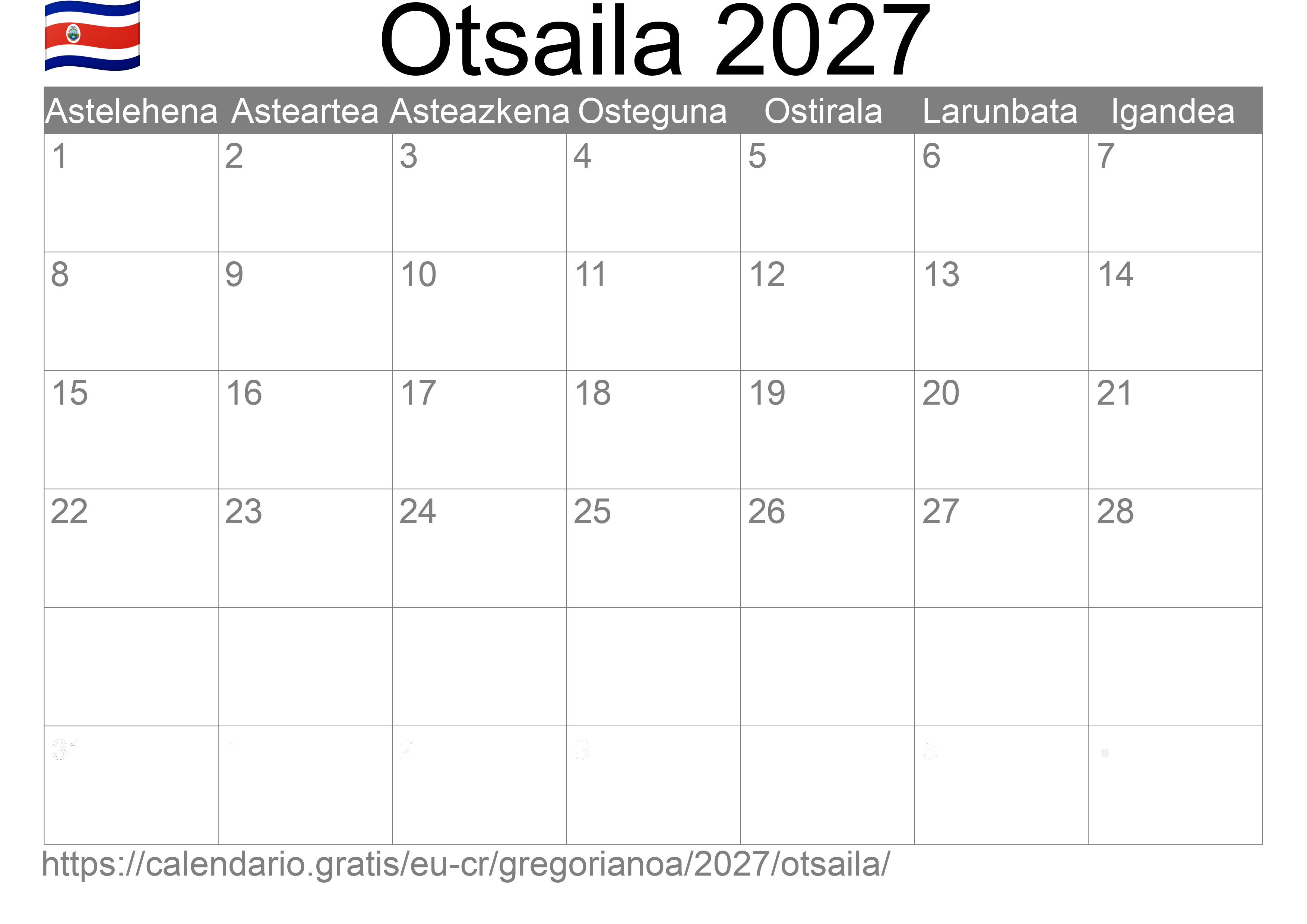 2027ko Otsaila egutegia inprimatzeko