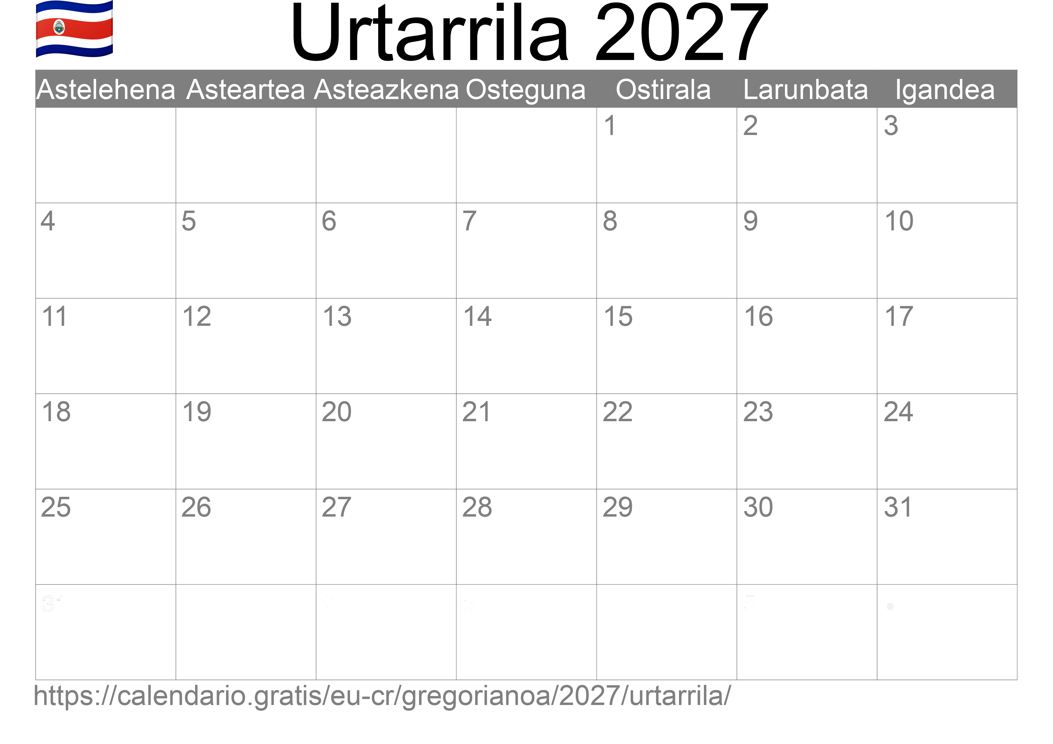 2027ko Urtarrila egutegia inprimatzeko