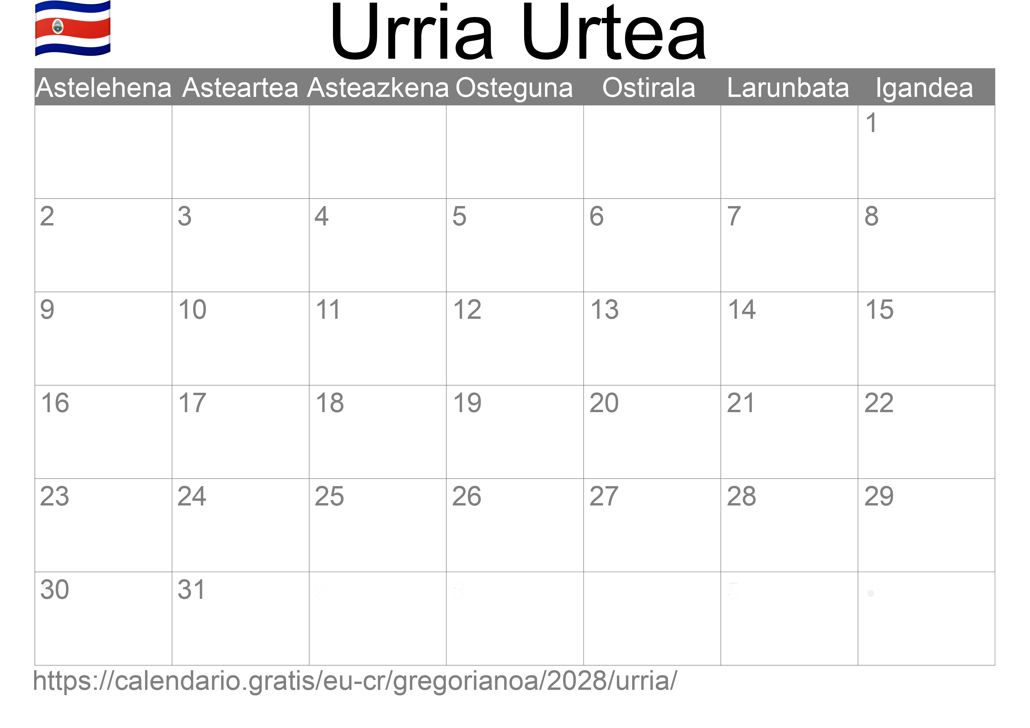 2028ko Urria egutegia inprimatzeko