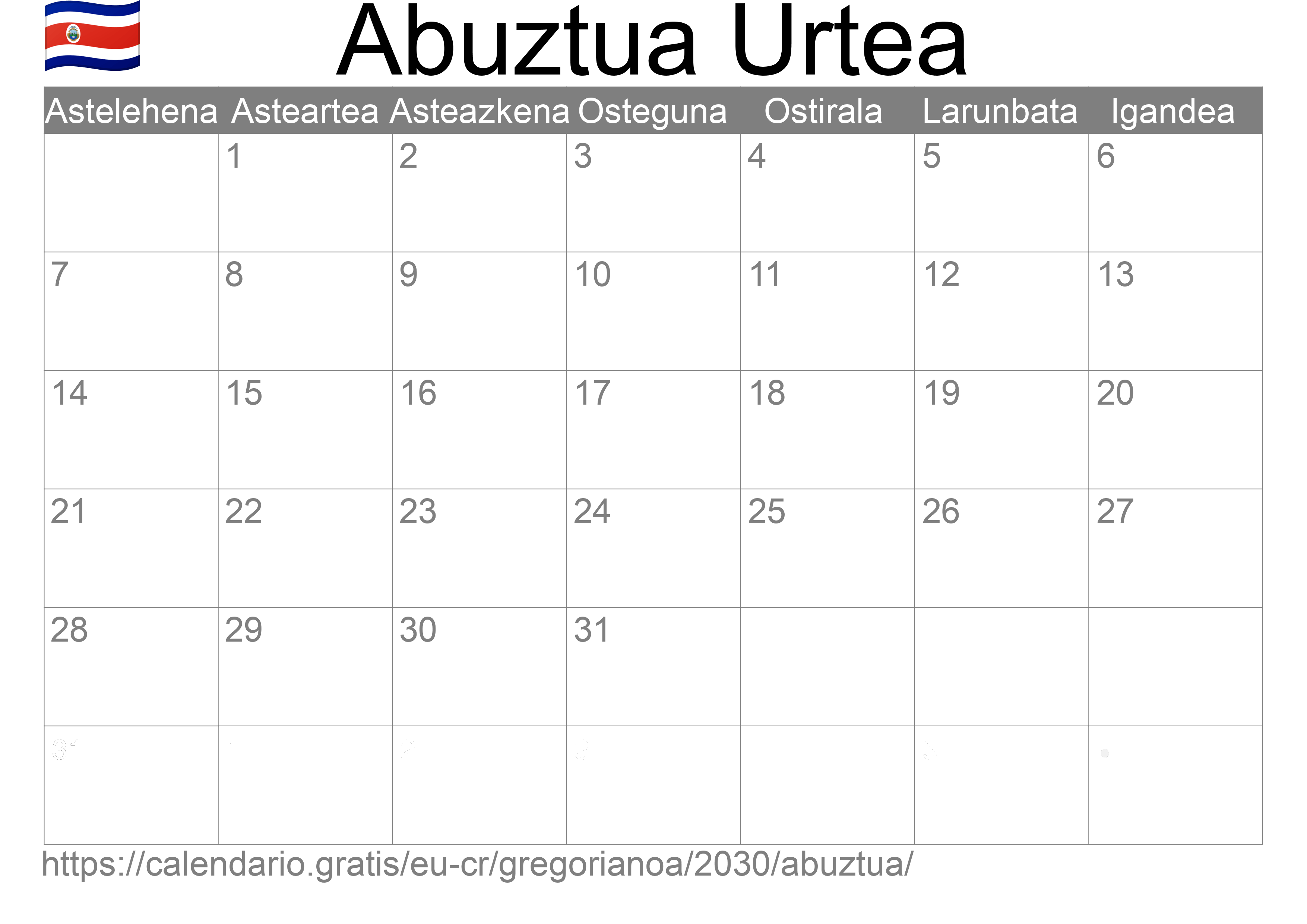 2030ko Abuztua egutegia inprimatzeko