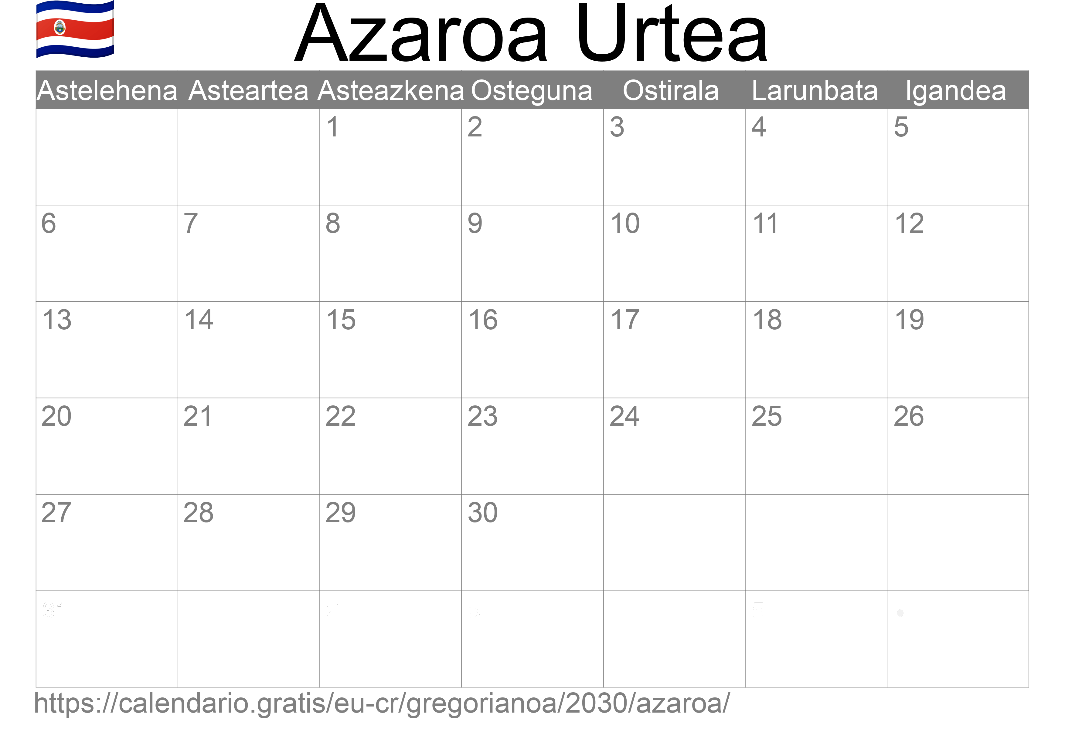 2030ko Azaroa egutegia inprimatzeko