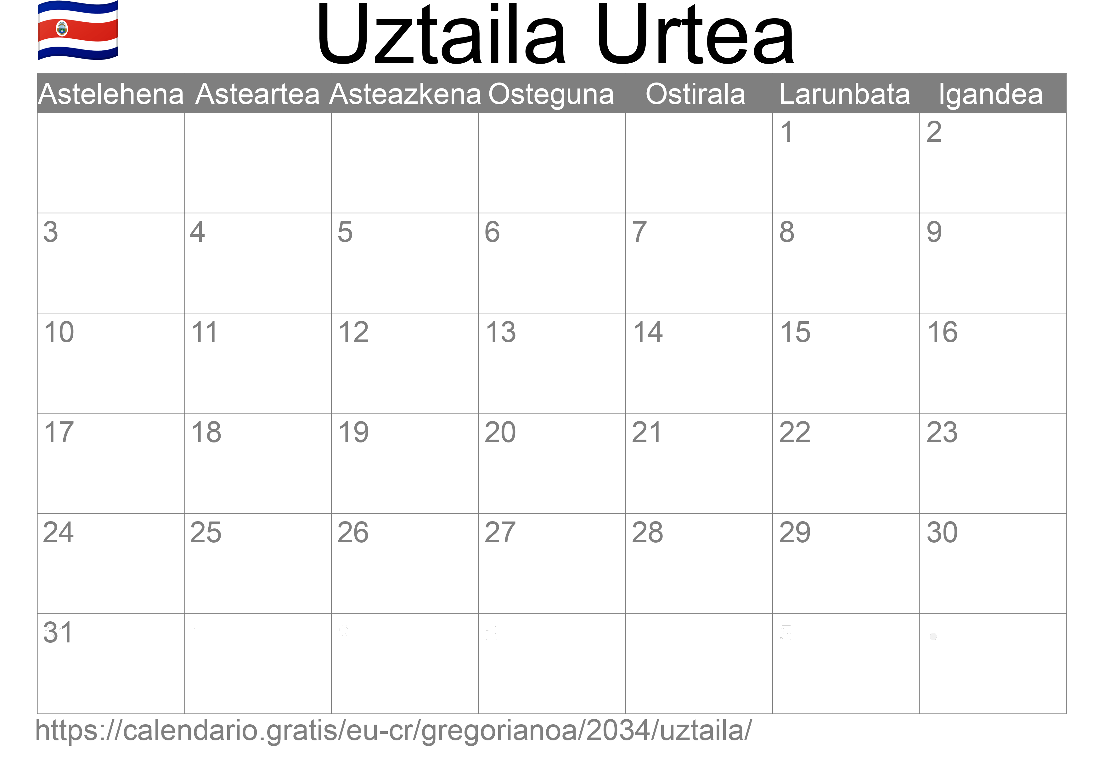 2034ko Uztaila egutegia inprimatzeko