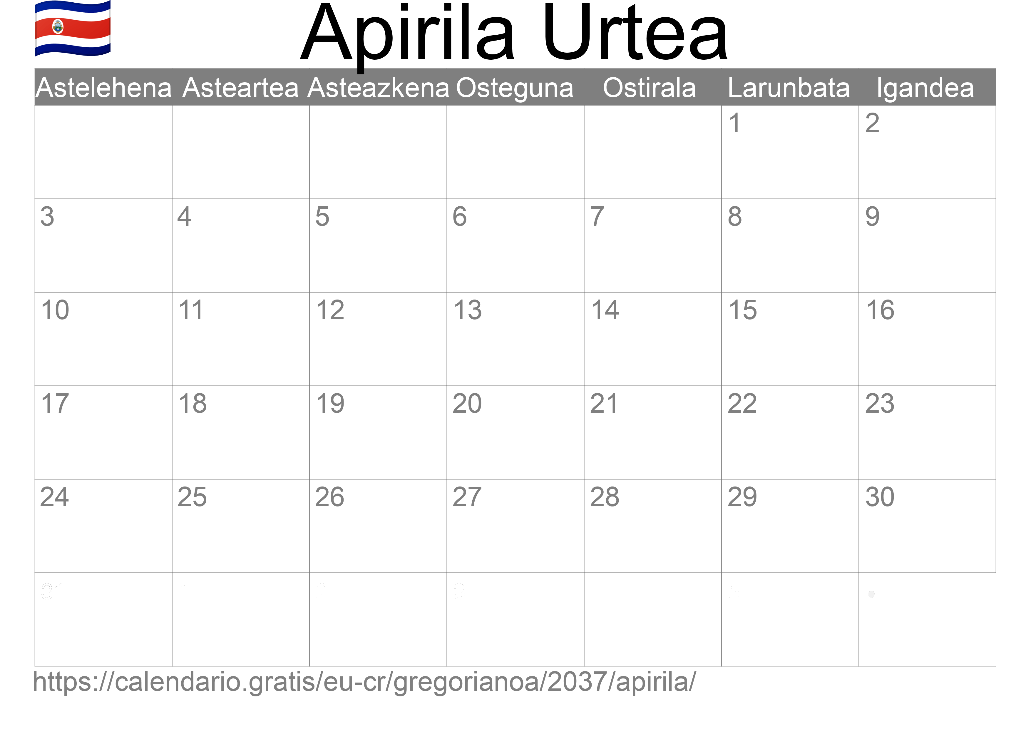 2037ko Apirila egutegia inprimatzeko