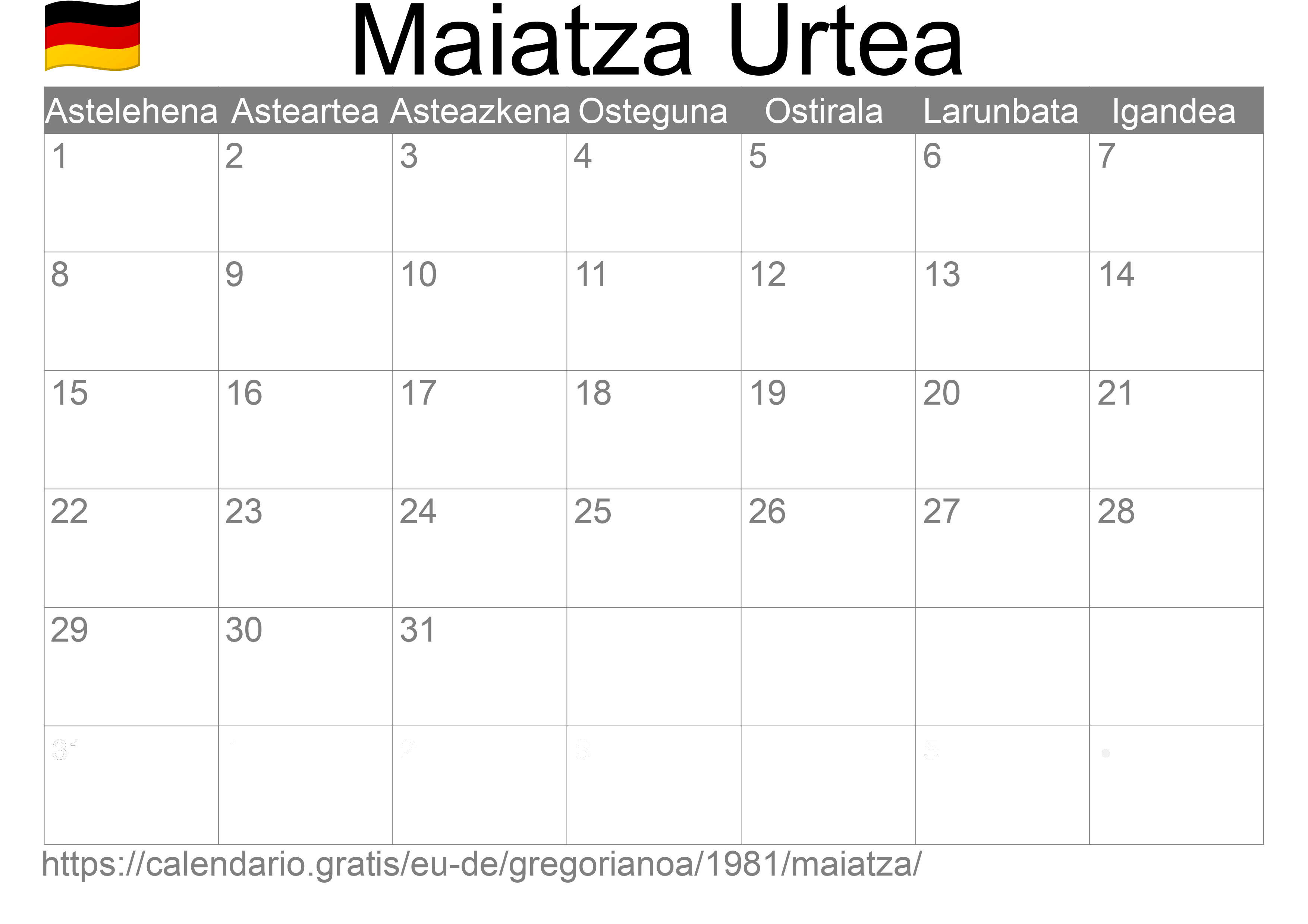 1981ko Maiatza egutegia inprimatzeko