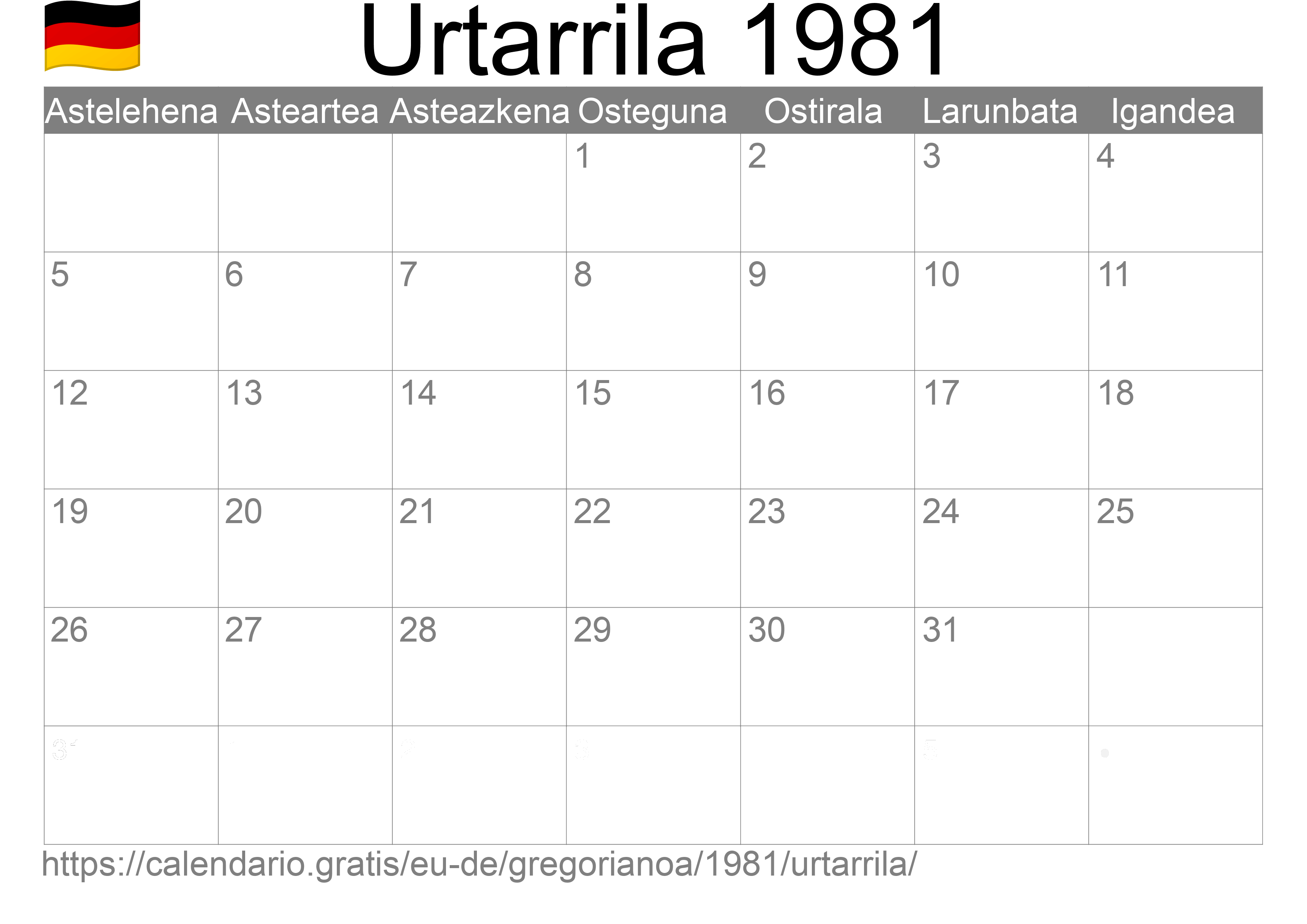 1981ko Urtarrila egutegia inprimatzeko