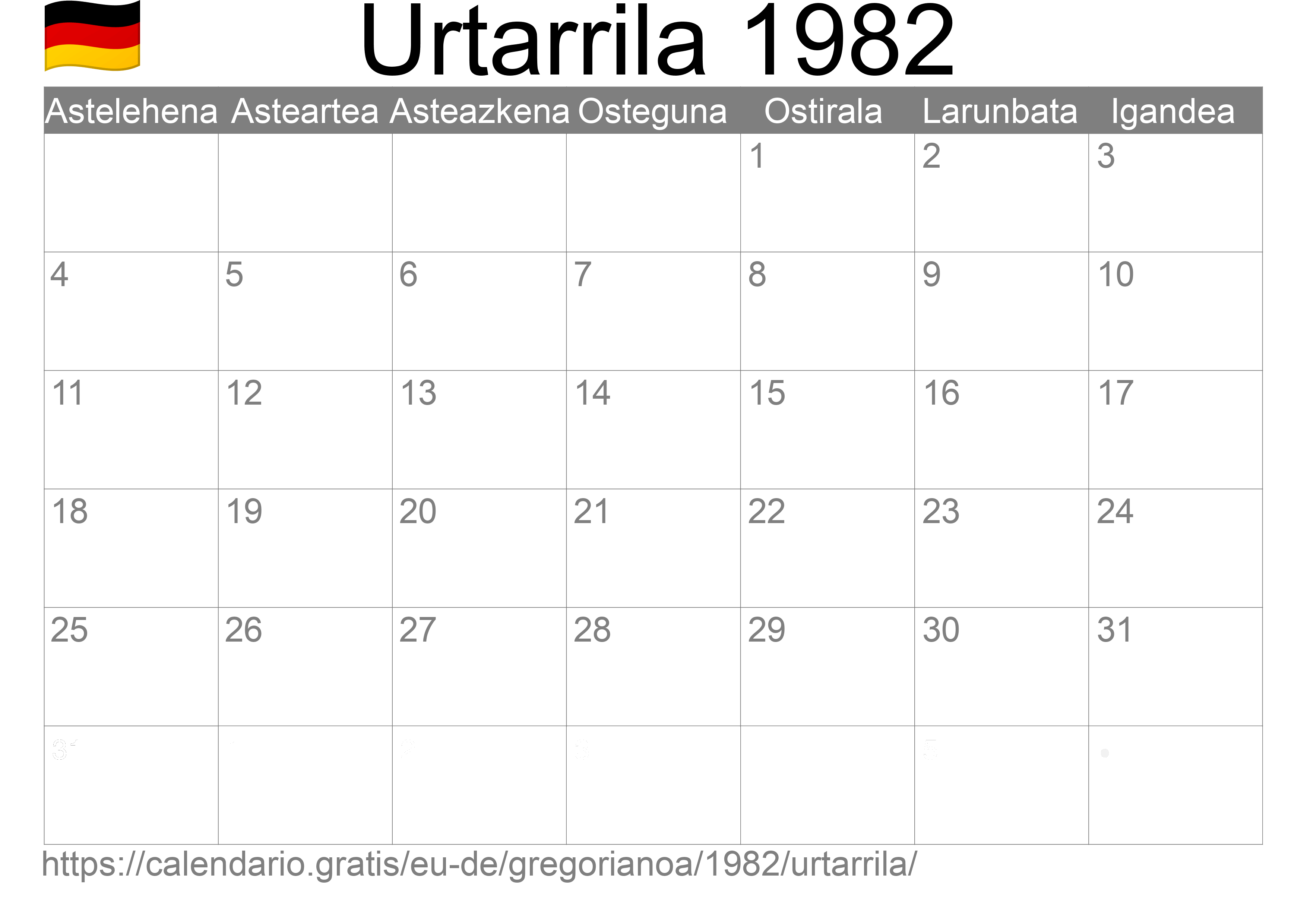 1982ko Urtarrila egutegia inprimatzeko