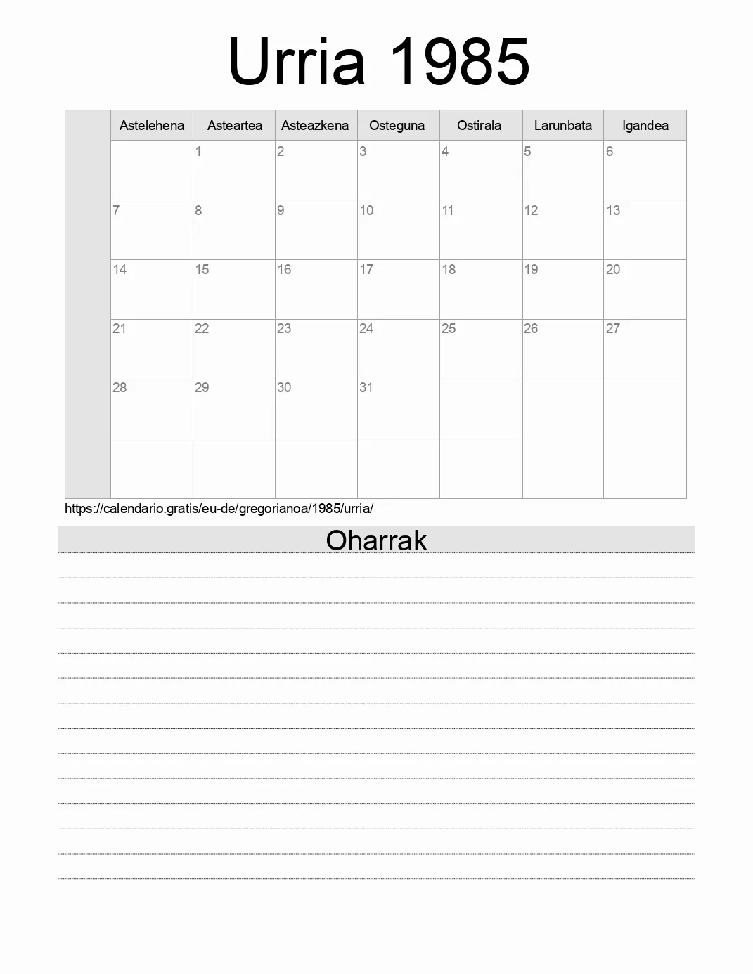 Inprimatzeko Urria 1985 egutegia, oharrekin. (Alemania) Inprimatzeko Urria 1985 egutegia, oharrekin. (Alemania)