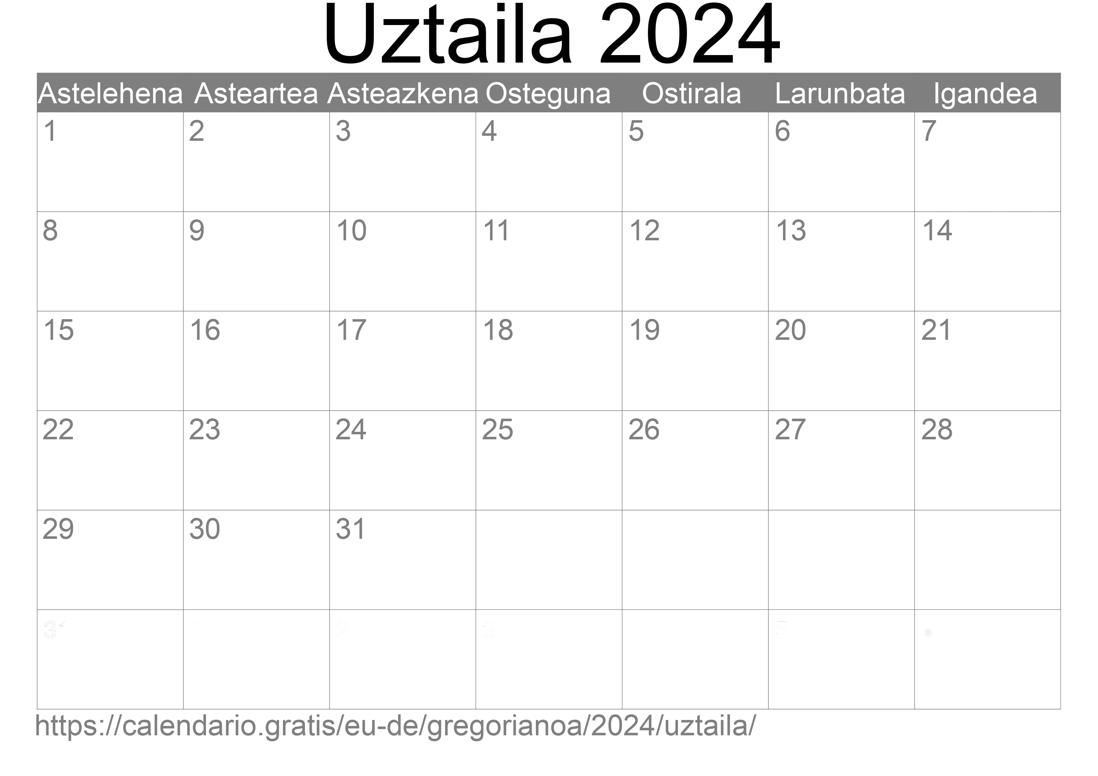 2024ko Uztaila egutegia inprimatzeko (Alemania) 2024ko Uztaila egutegia inprimatzeko (Alemania)