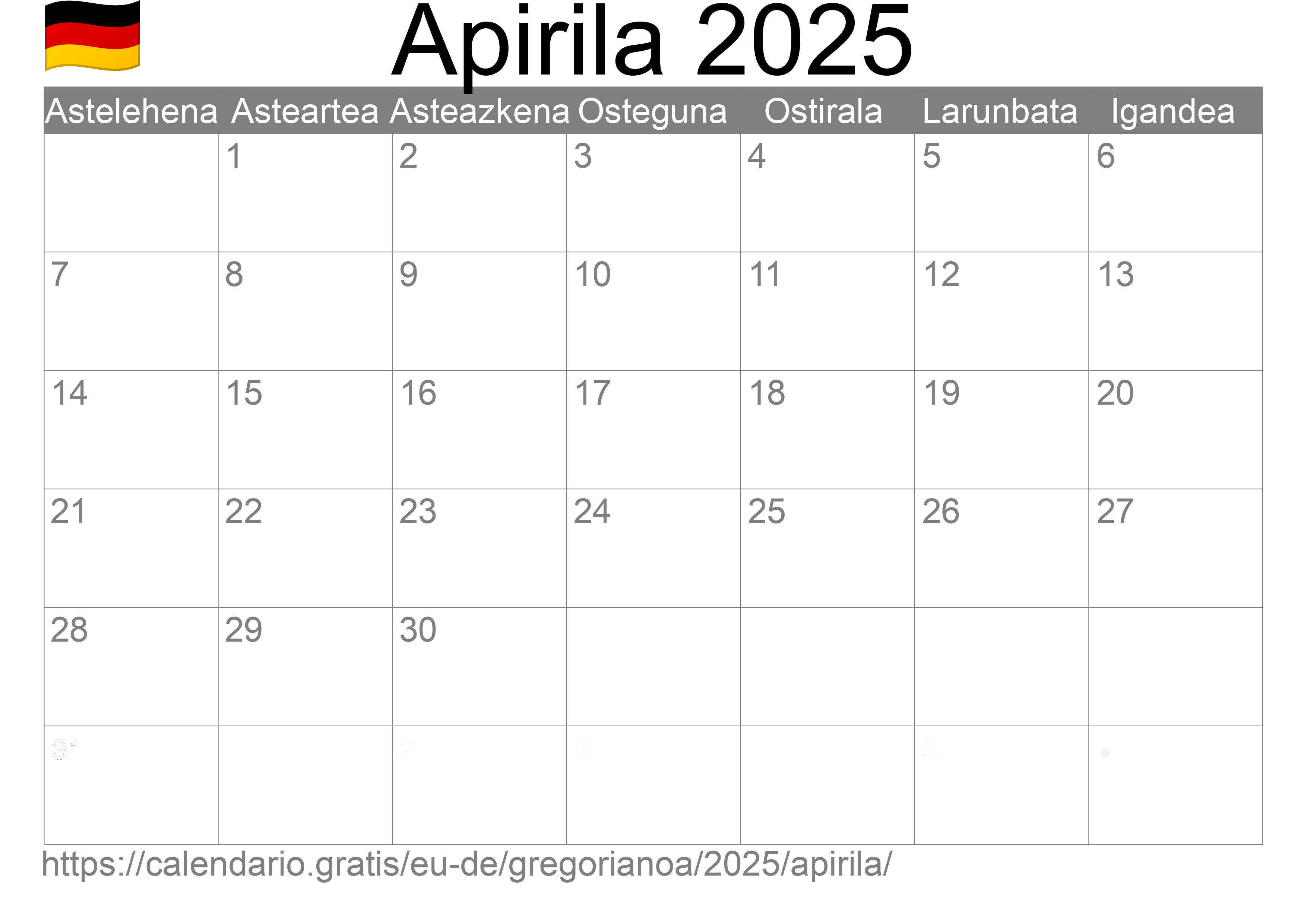 2025ko Apirila egutegia inprimatzeko