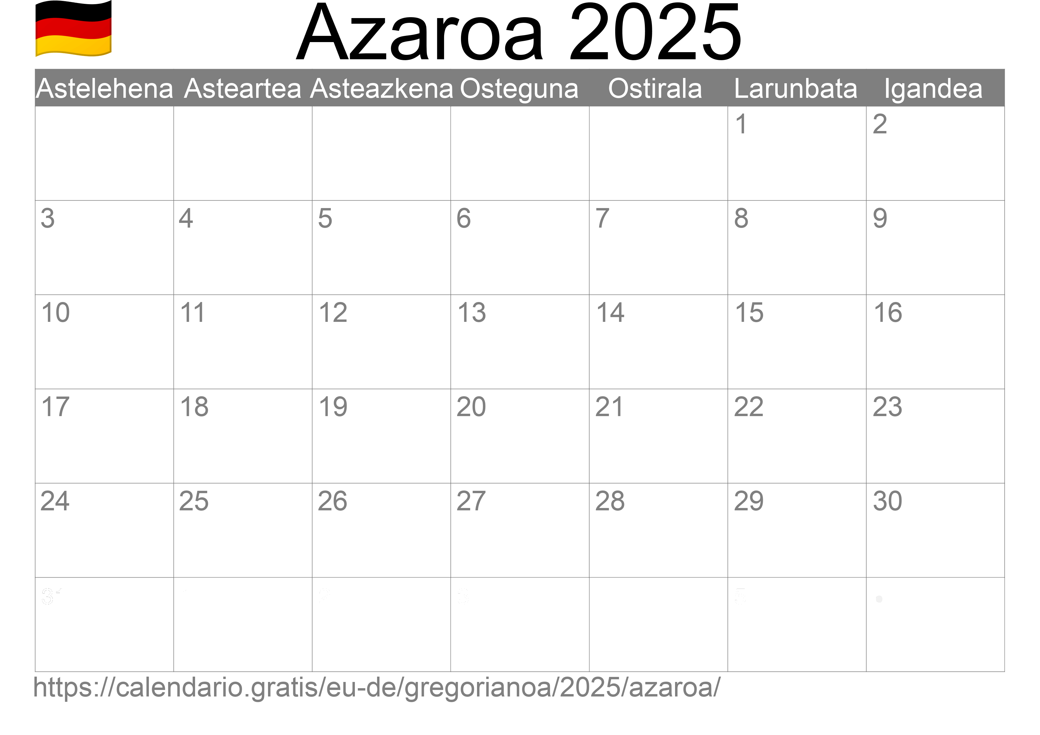 2025ko Azaroa egutegia inprimatzeko