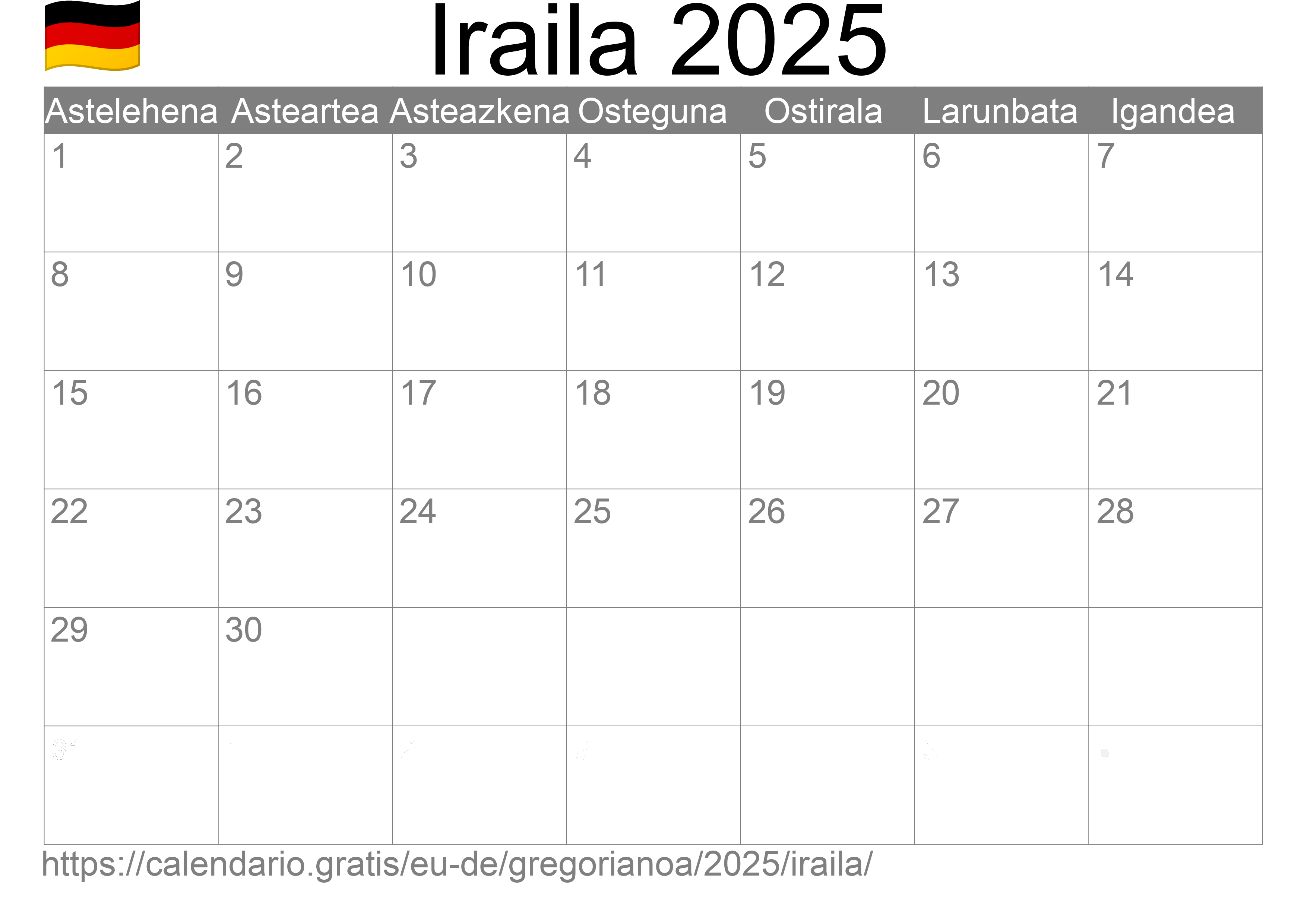 2025ko Iraila egutegia inprimatzeko