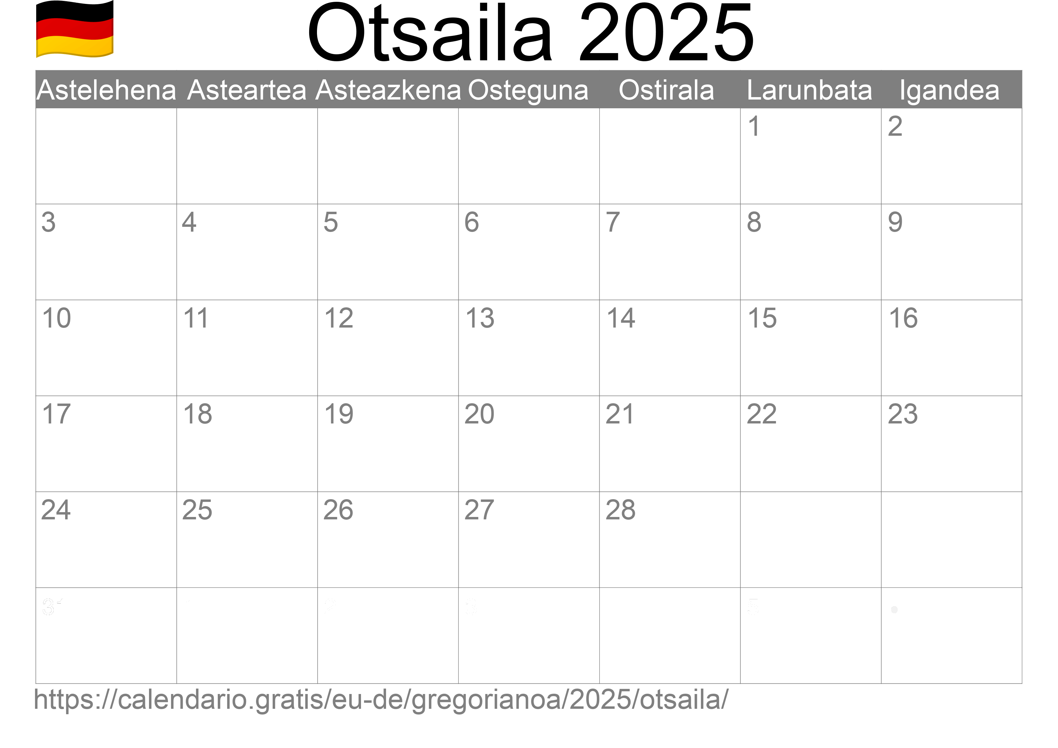 2025ko Otsaila egutegia inprimatzeko