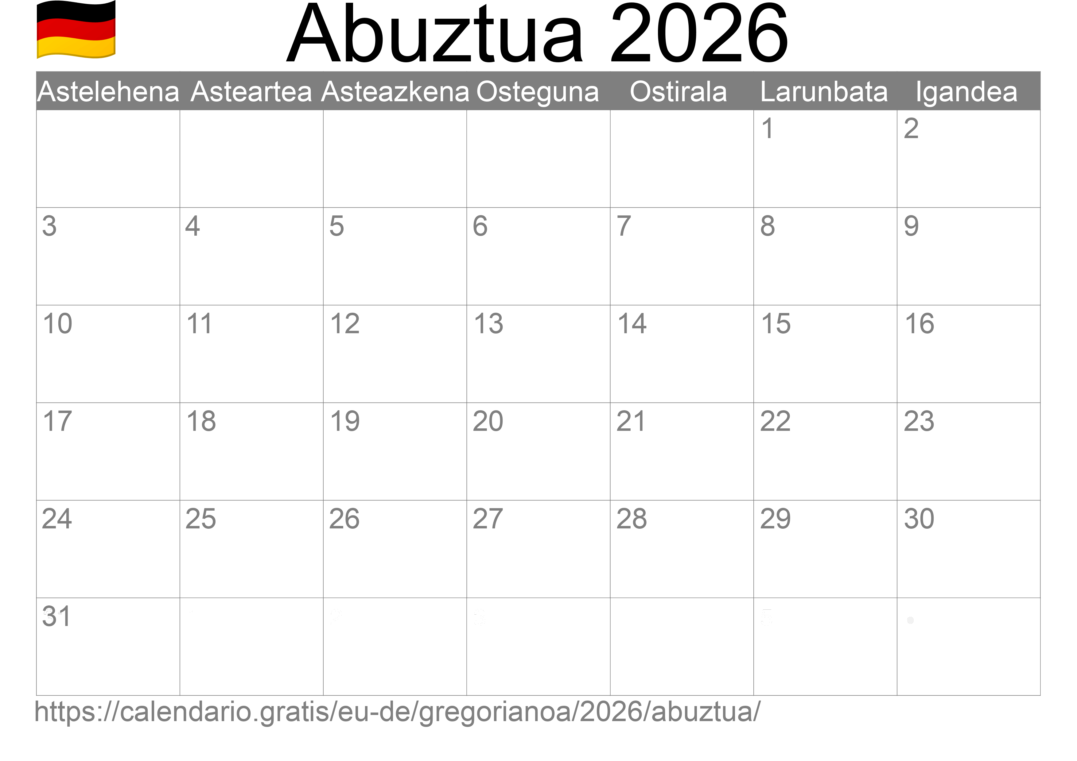 2026ko Abuztua egutegia inprimatzeko