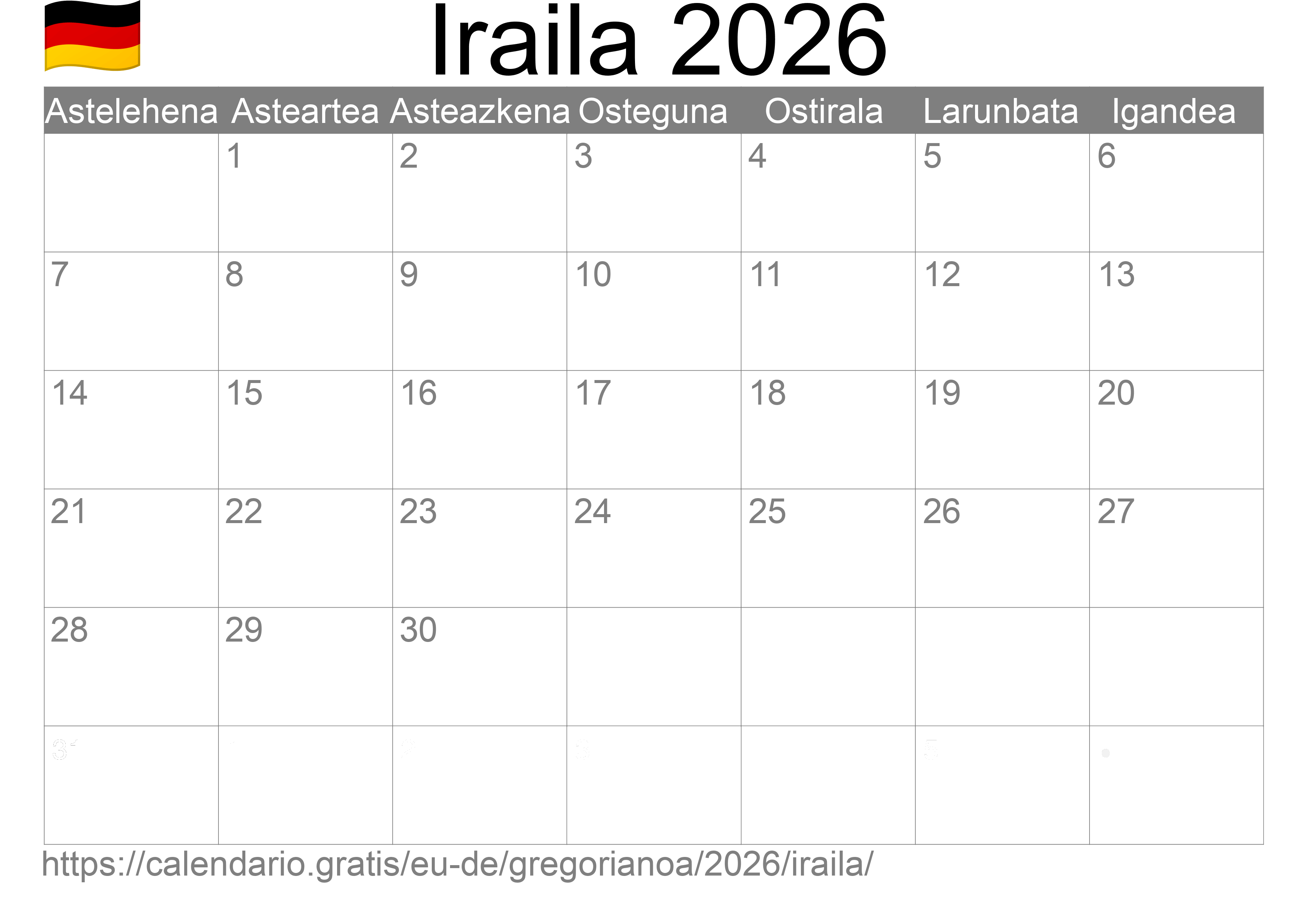 2026ko Iraila egutegia inprimatzeko