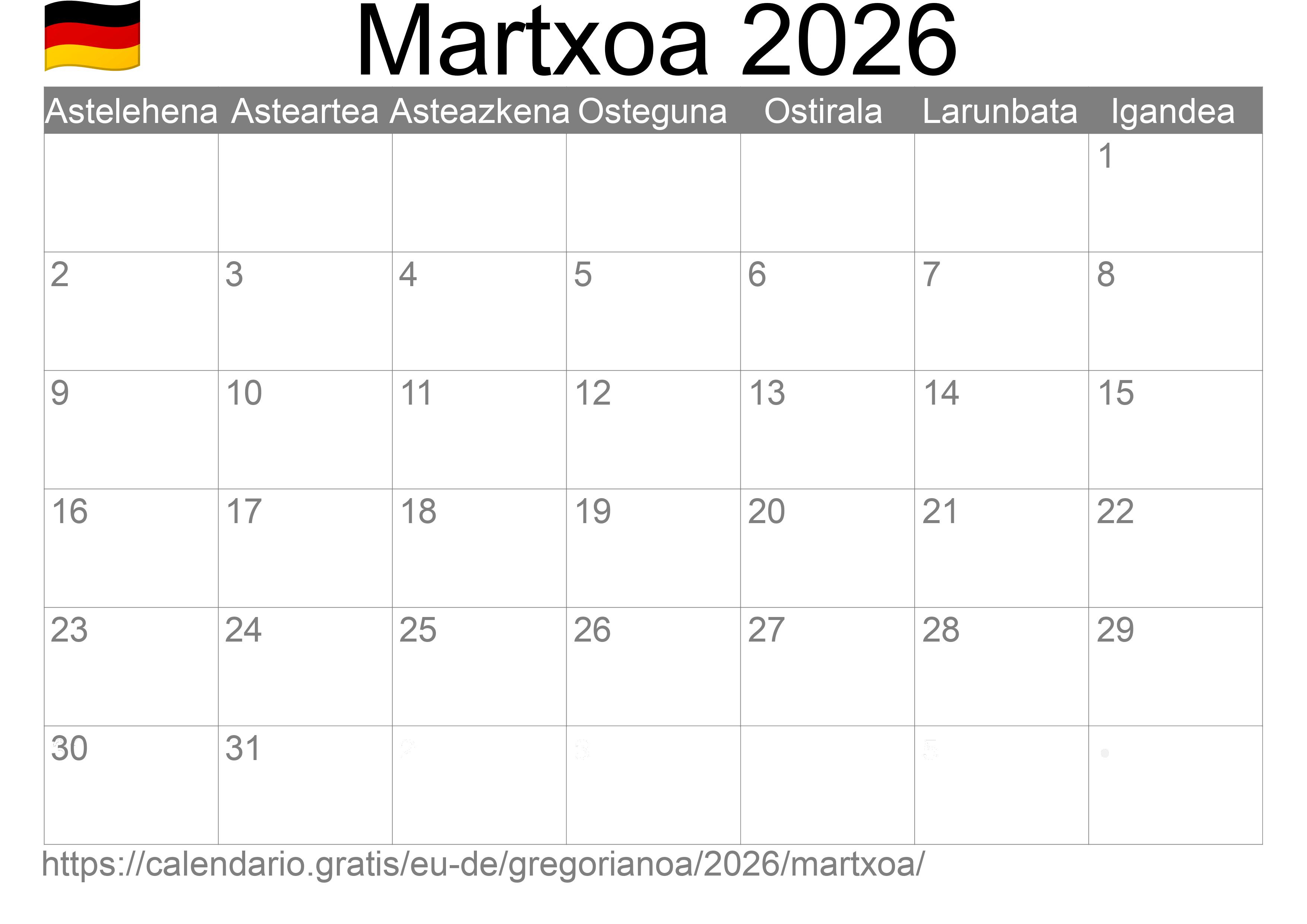 2026ko Martxoa egutegia inprimatzeko