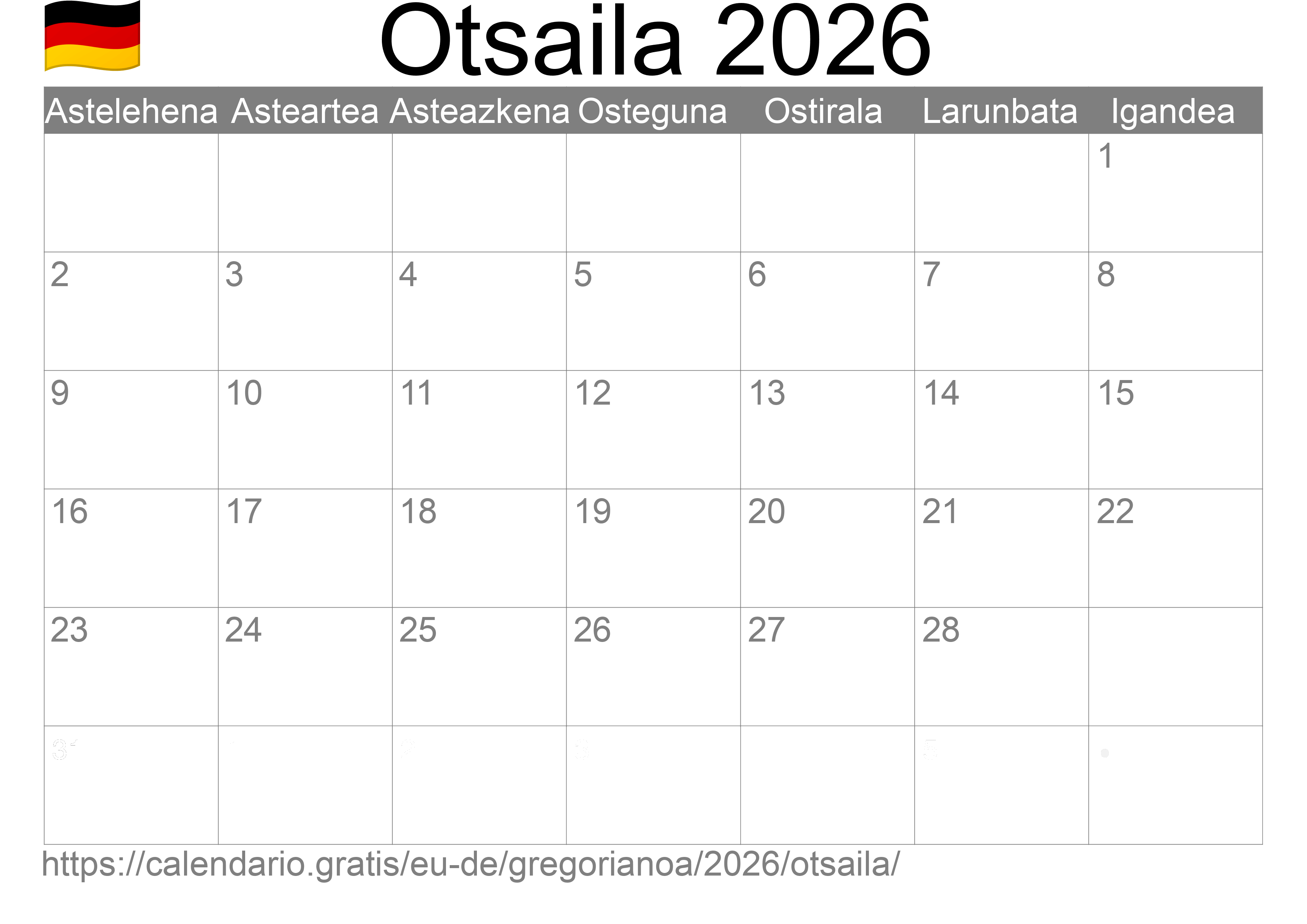 2026ko Otsaila egutegia inprimatzeko