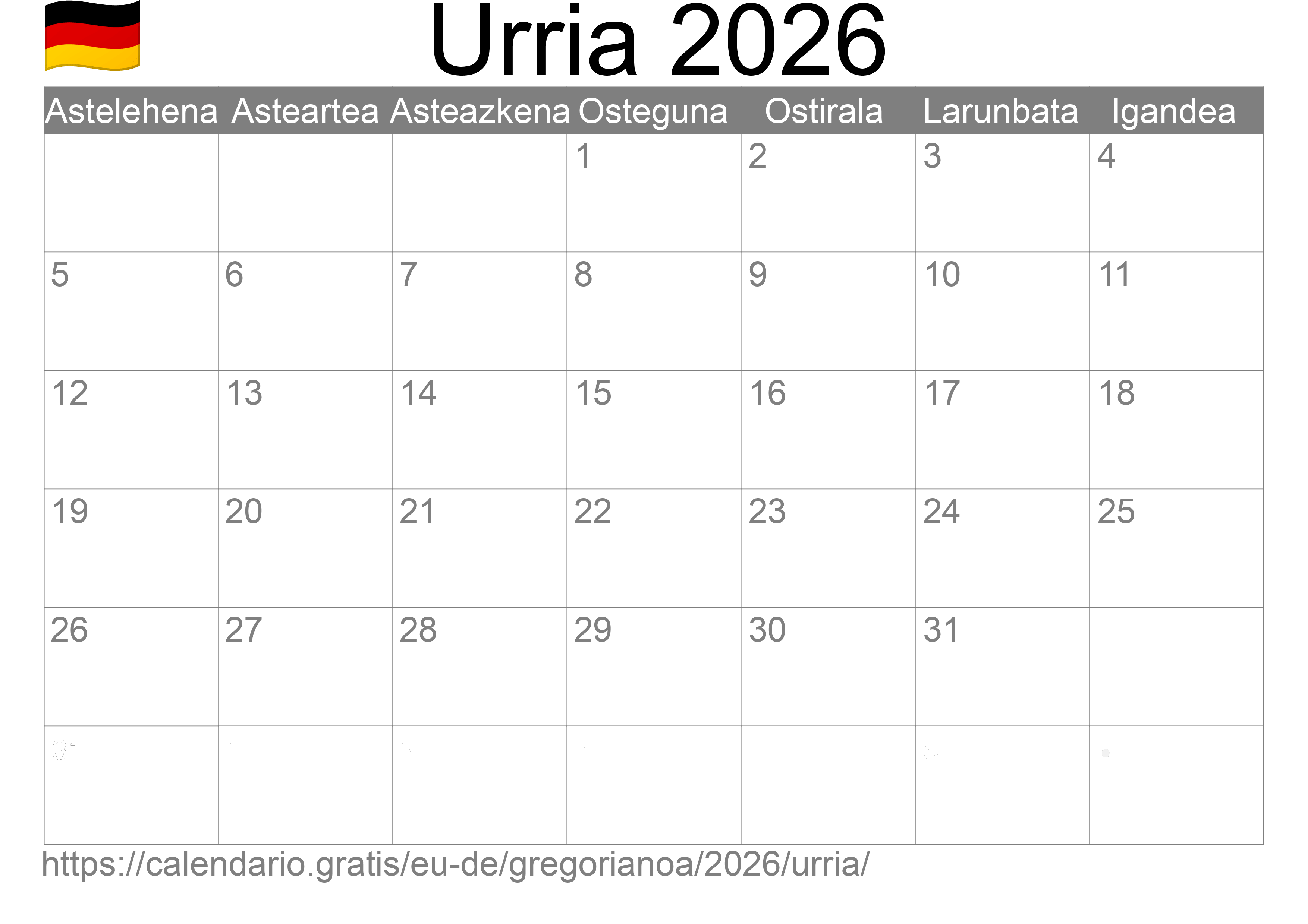 2026ko Urria egutegia inprimatzeko