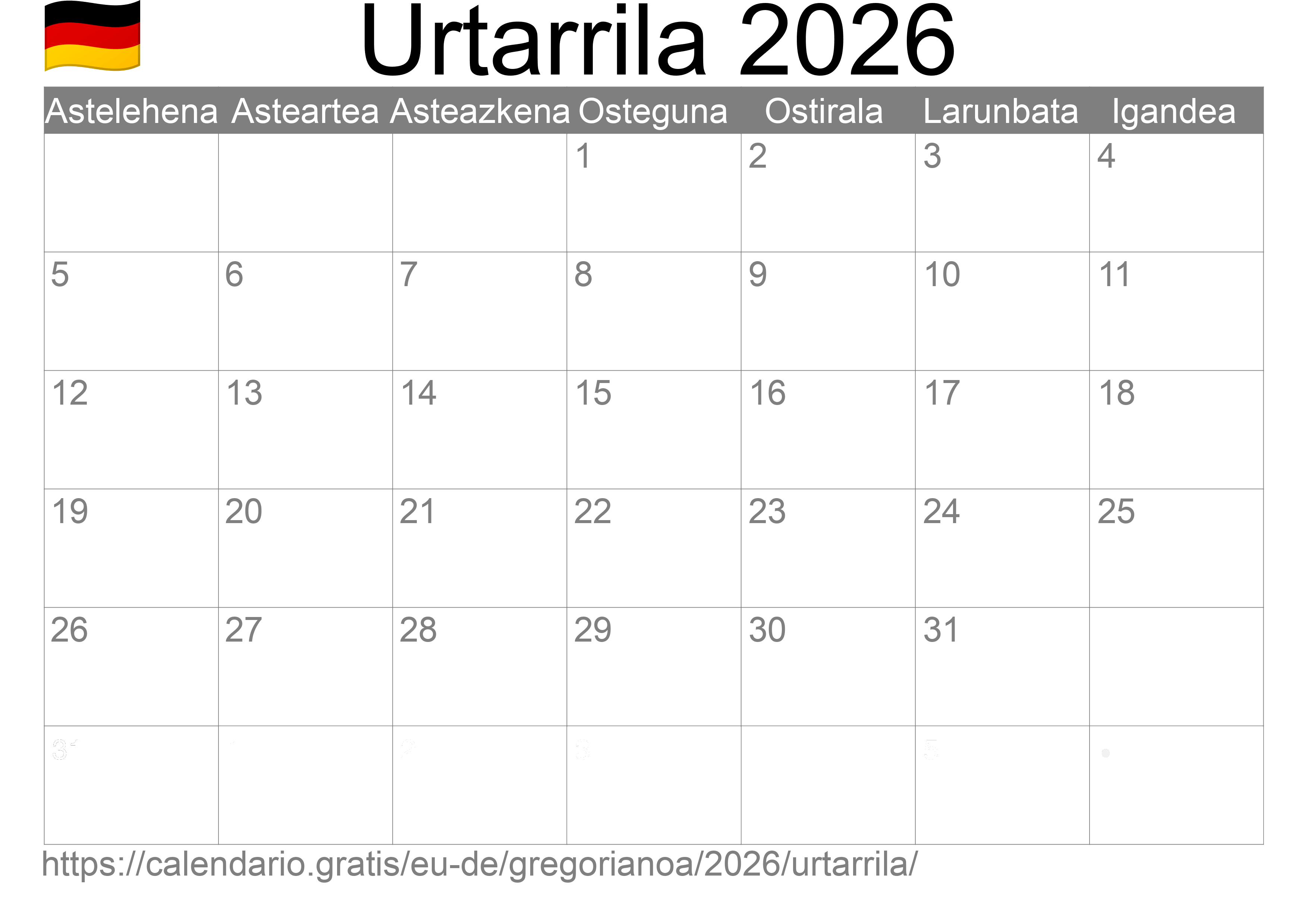 2026ko Urtarrila egutegia inprimatzeko