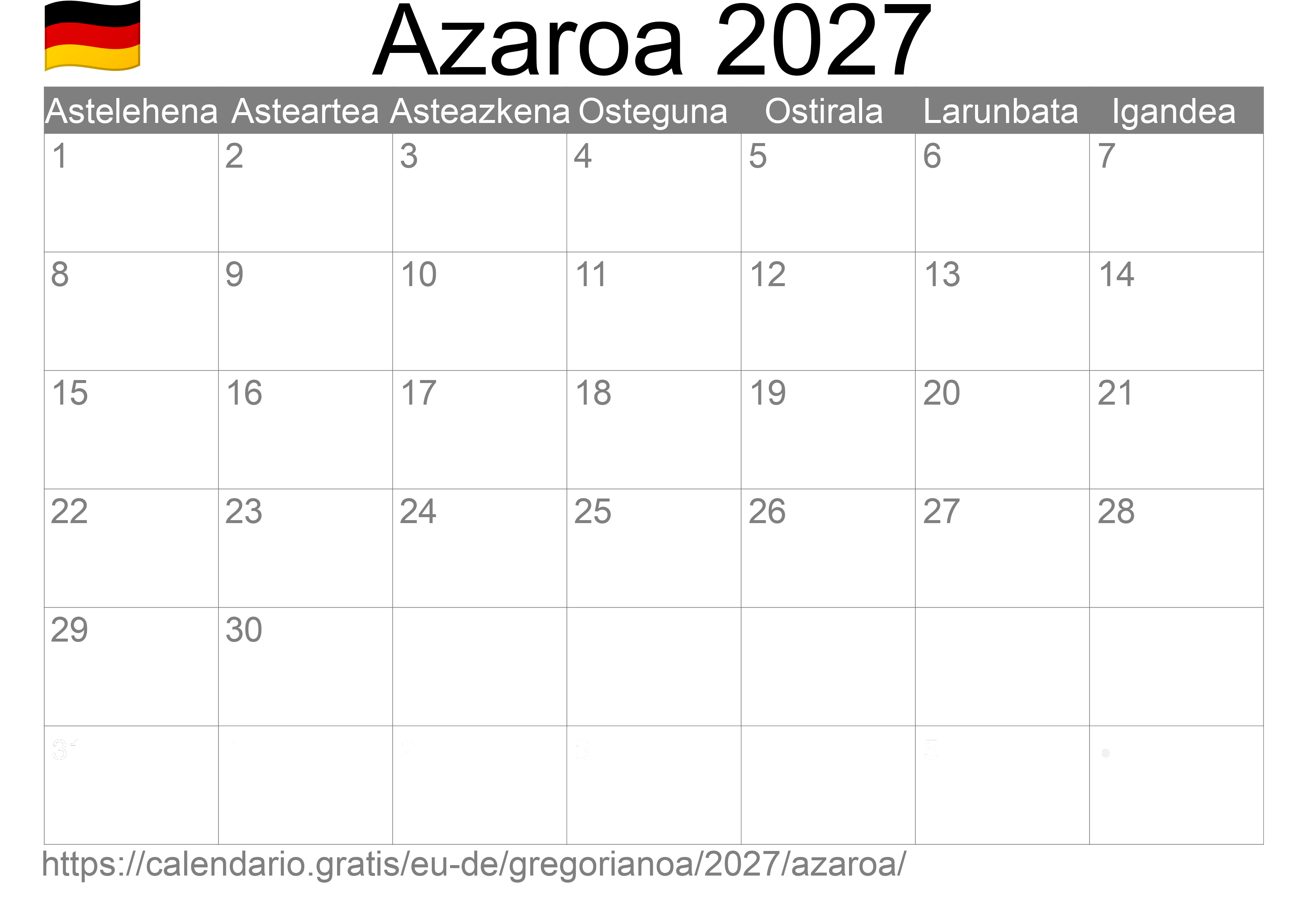 2027ko Azaroa egutegia inprimatzeko