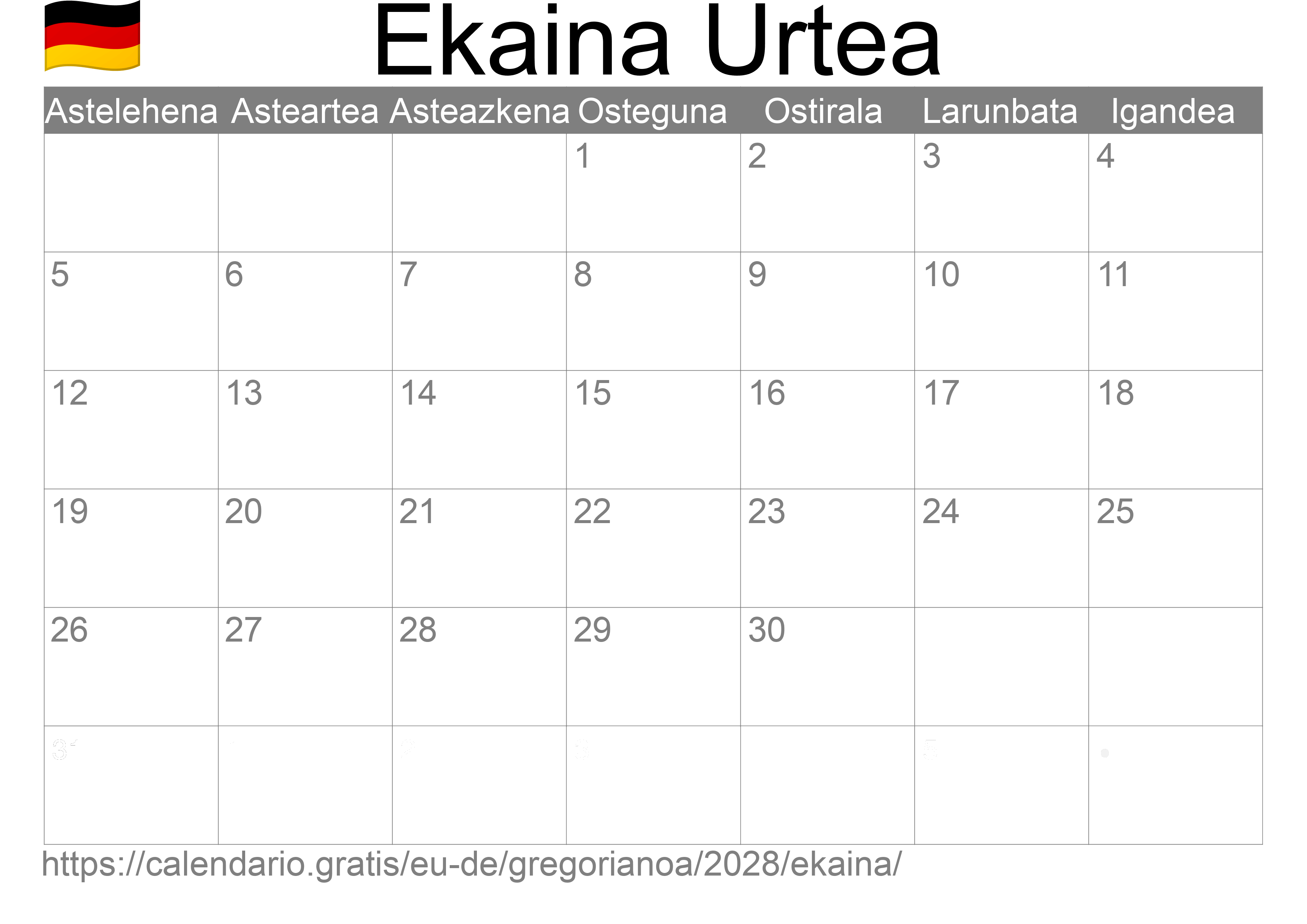 2028ko Ekaina egutegia inprimatzeko