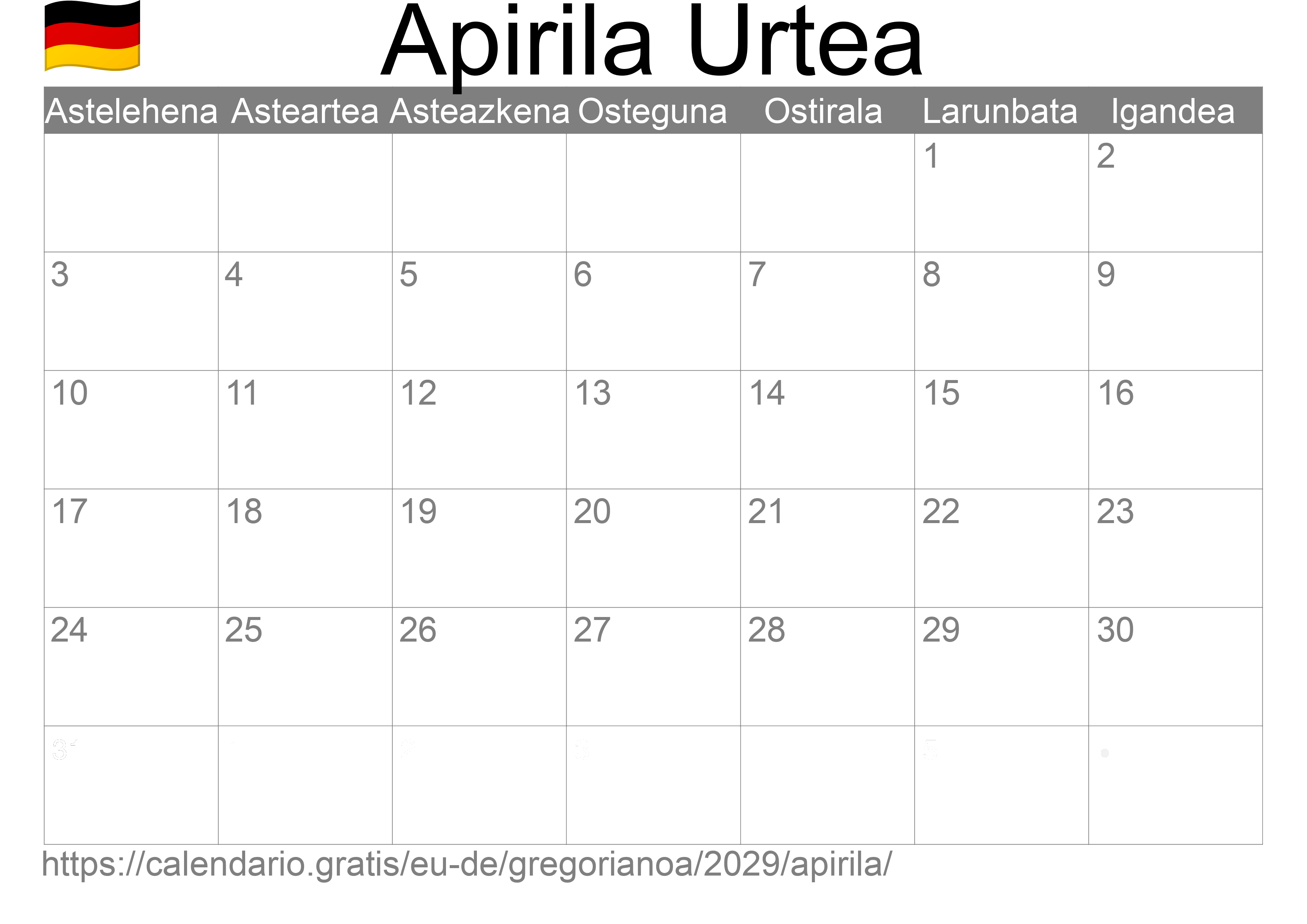 2029ko Apirila egutegia inprimatzeko