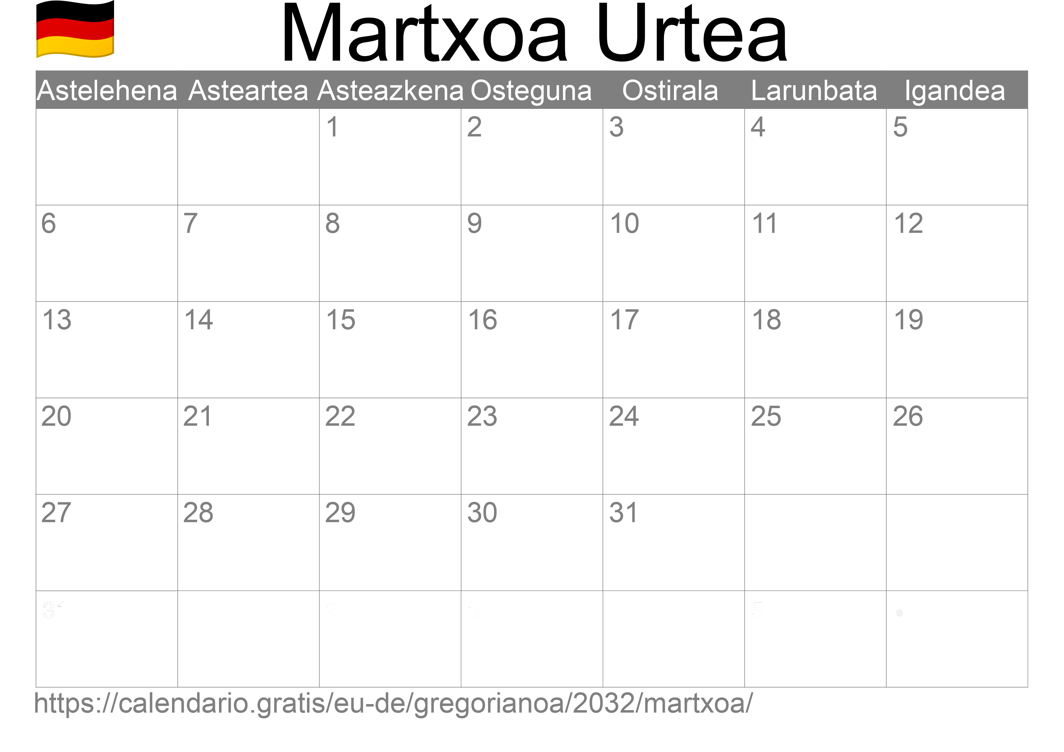 2032ko Martxoa egutegia inprimatzeko