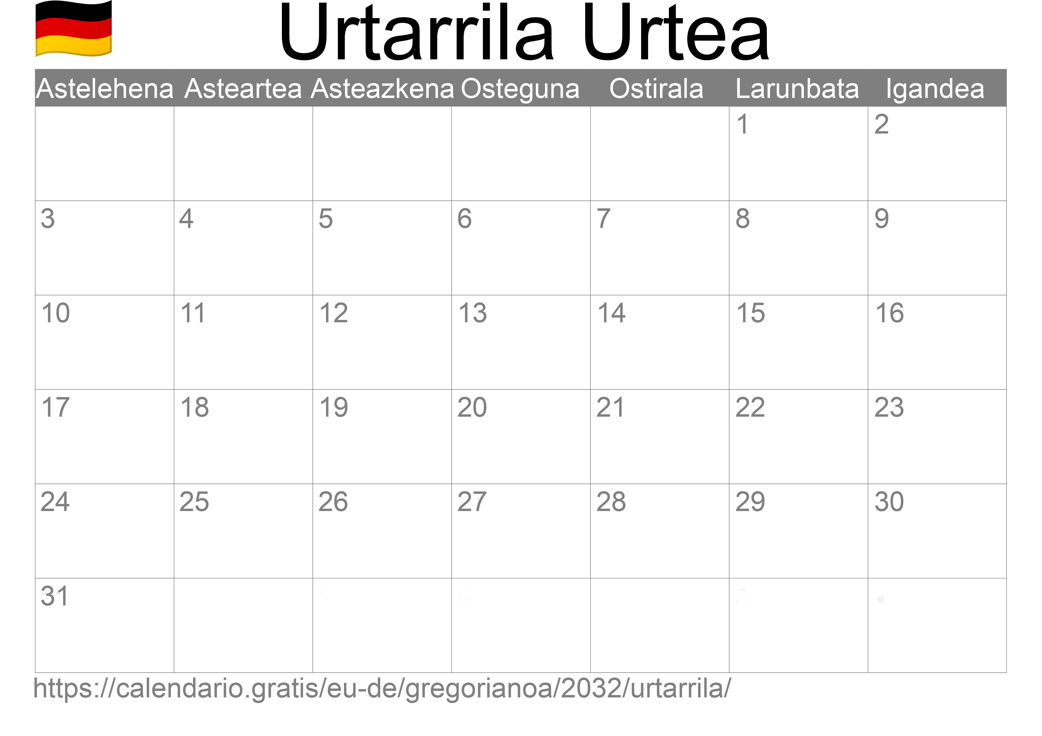 2032ko Urtarrila egutegia inprimatzeko