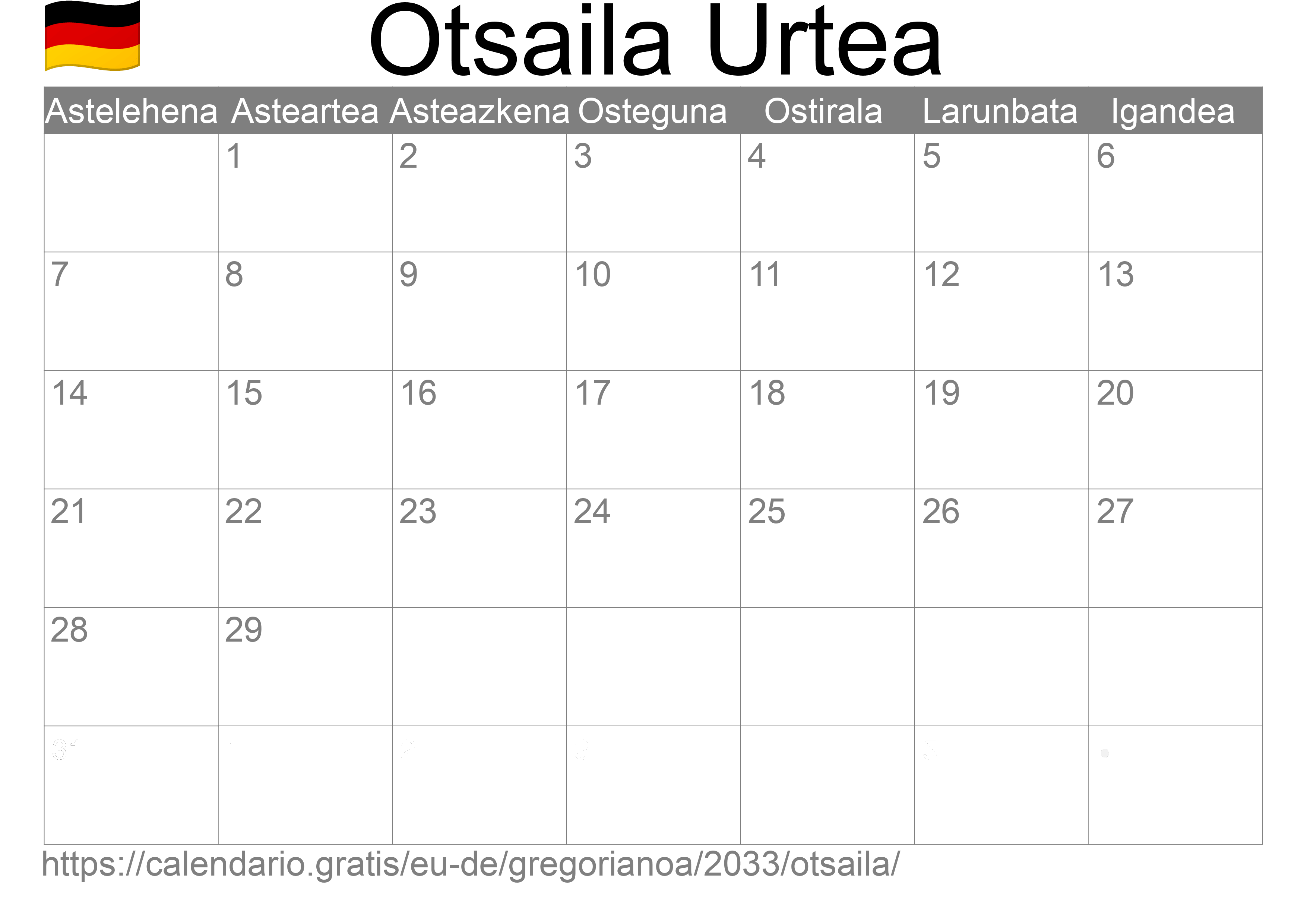 2033ko Otsaila egutegia inprimatzeko