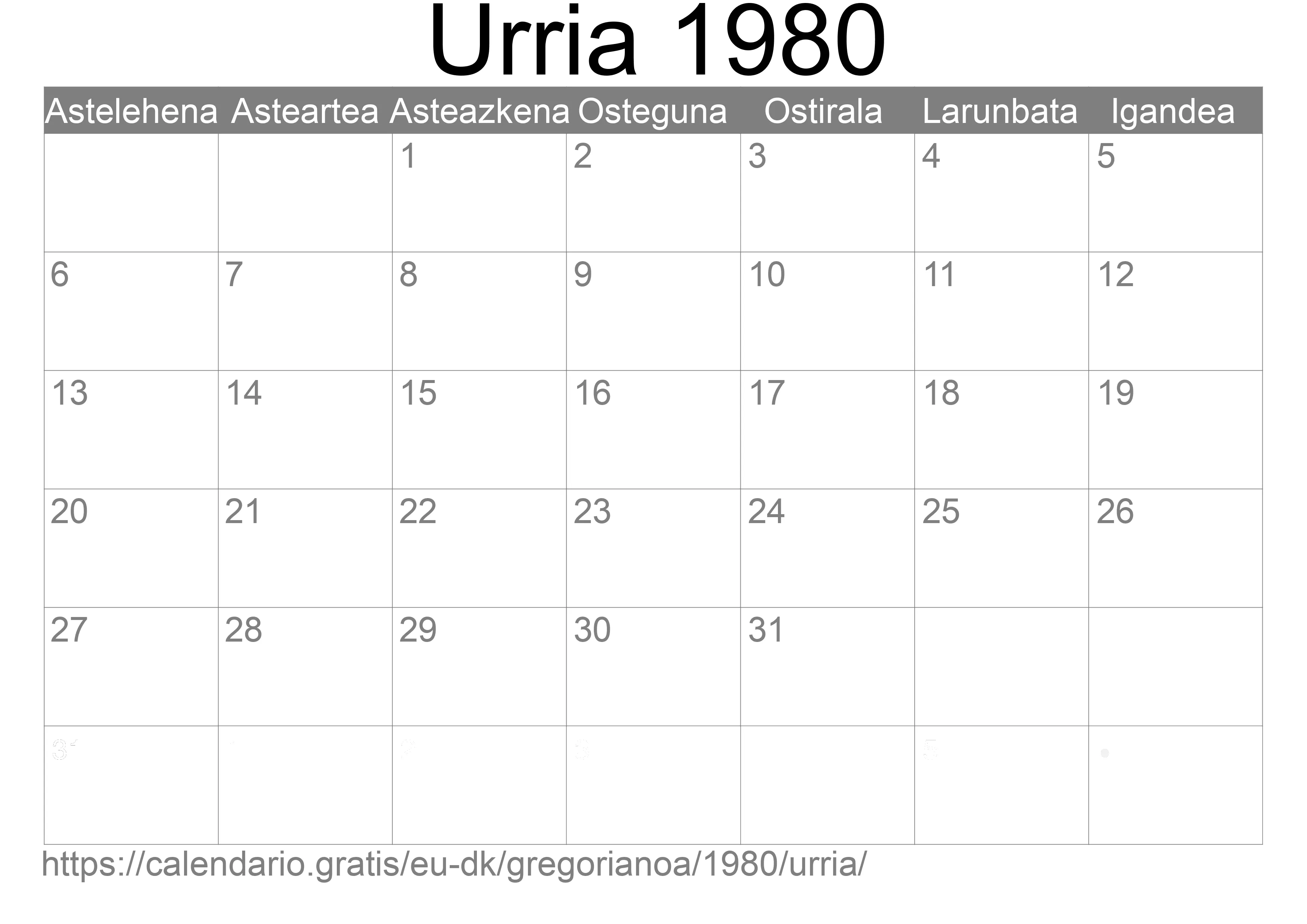 1980ko Urria egutegia inprimatzeko (Danimarka) 1980ko Urria egutegia inprimatzeko (Danimarka)