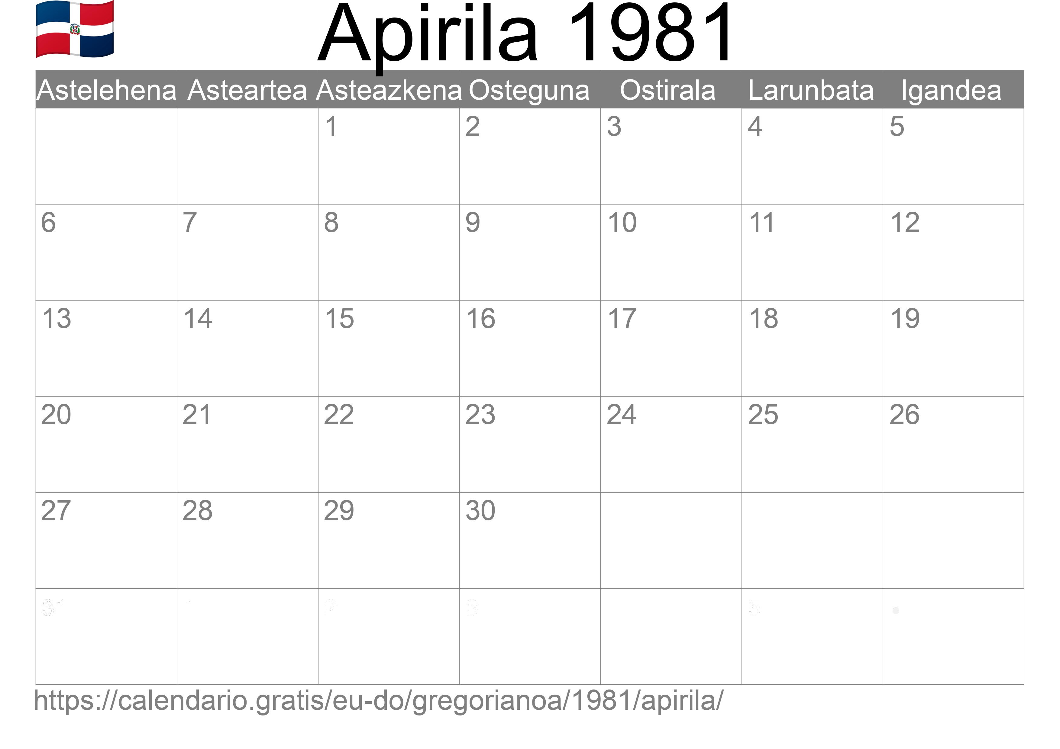 1981ko Apirila egutegia inprimatzeko