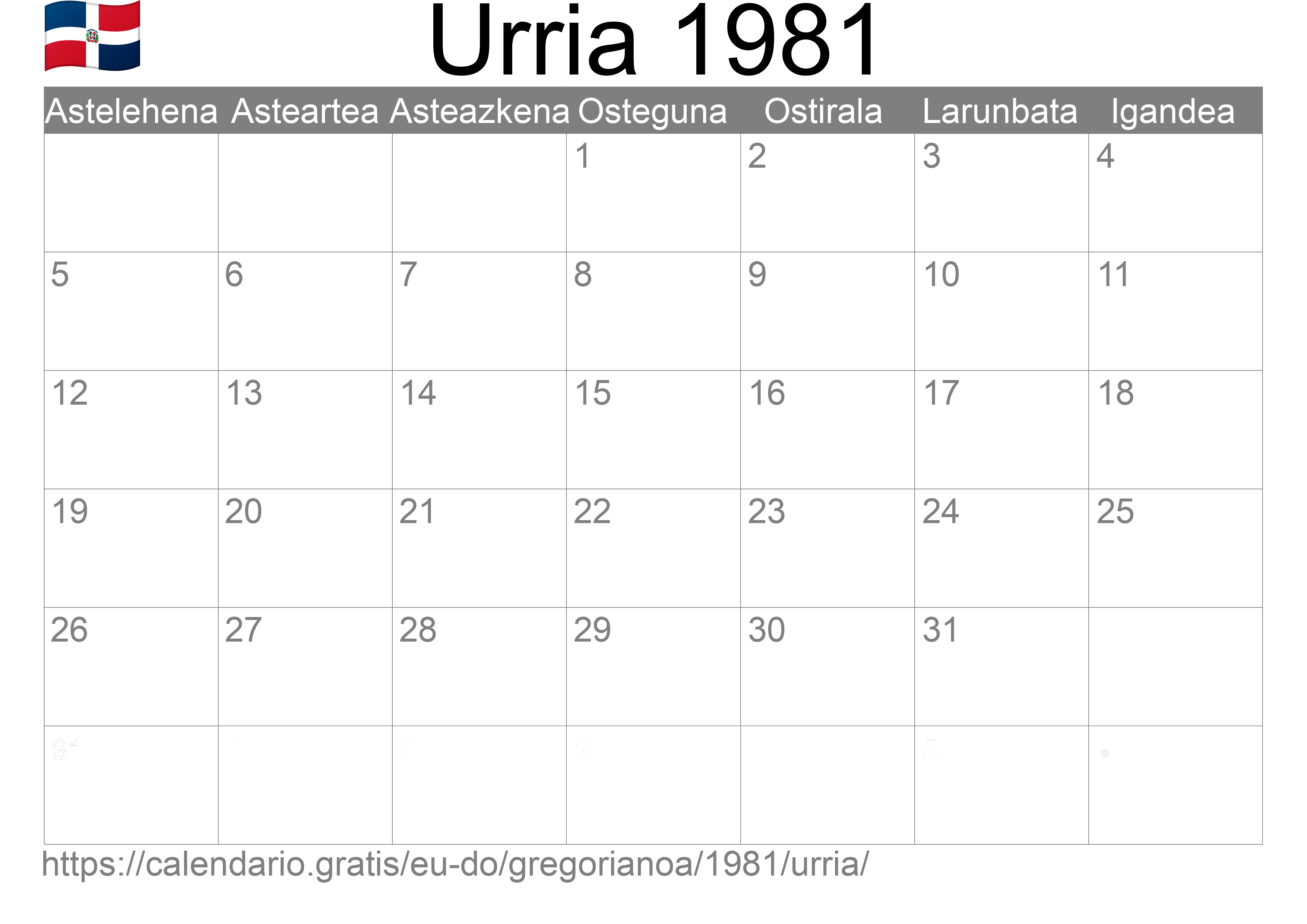 1981ko Urria egutegia inprimatzeko