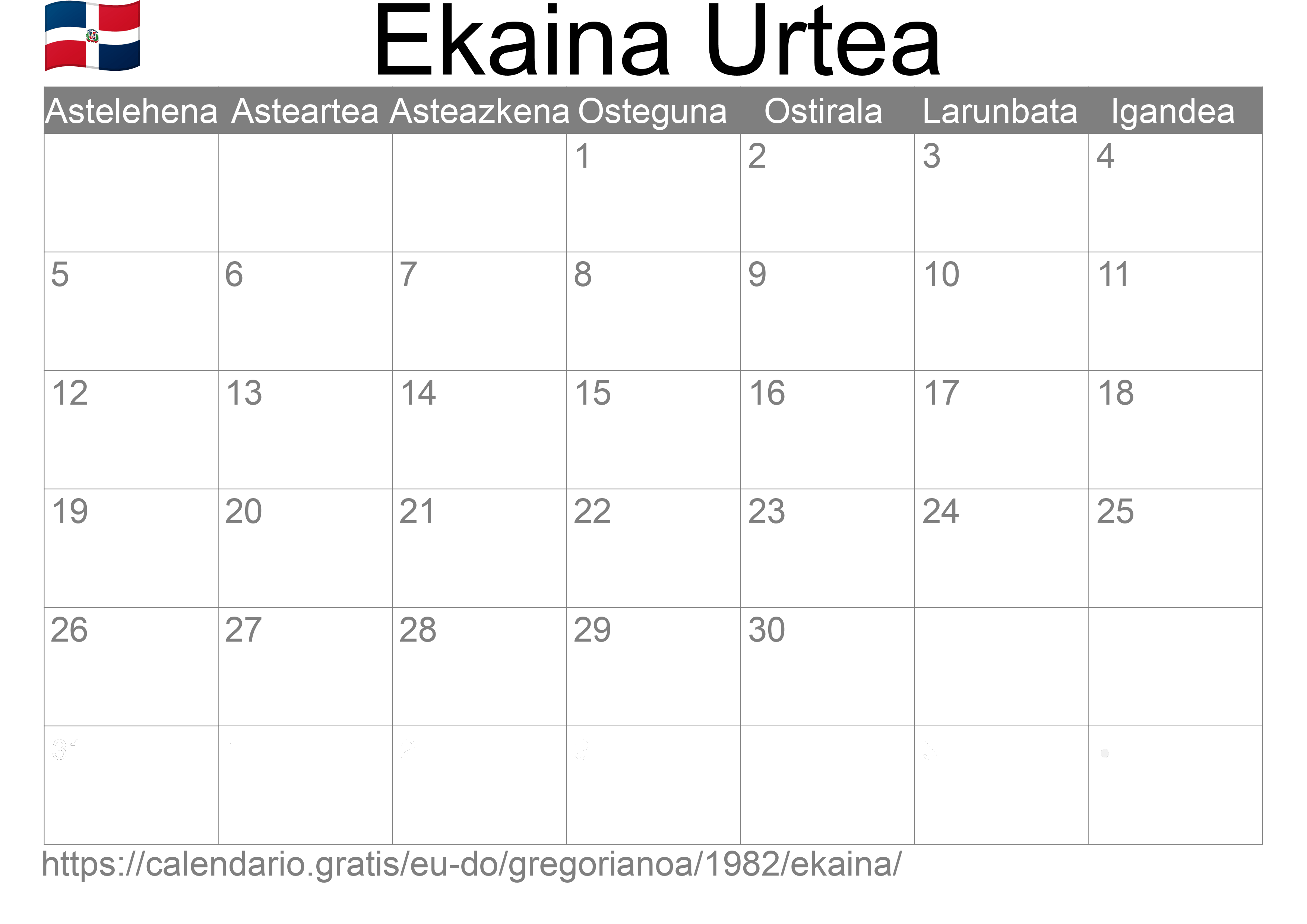 1982ko Ekaina egutegia inprimatzeko