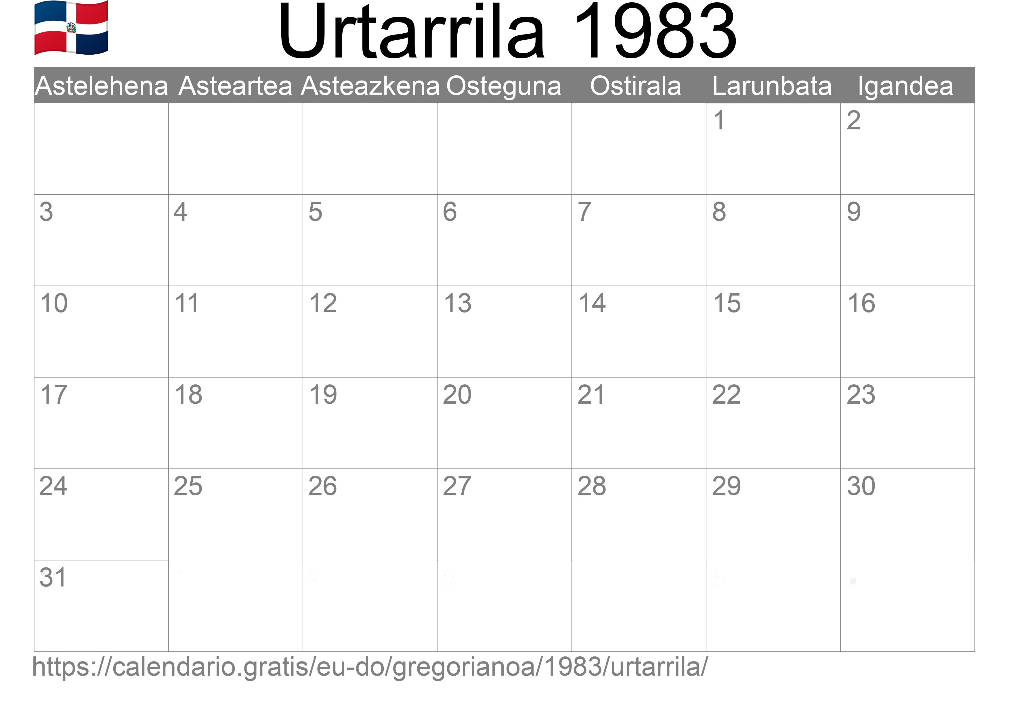 1983ko Urtarrila egutegia inprimatzeko