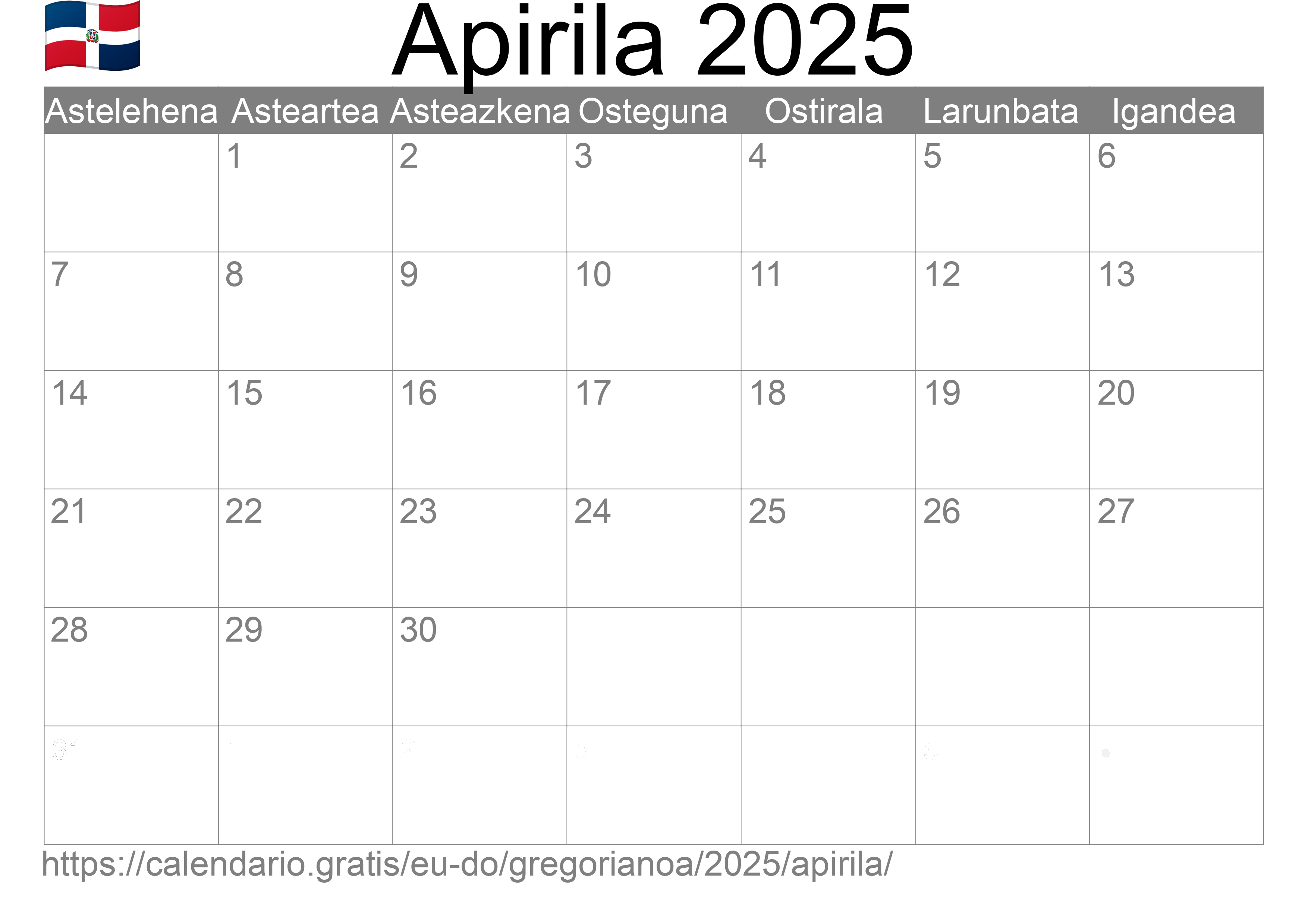 2025ko Apirila egutegia inprimatzeko