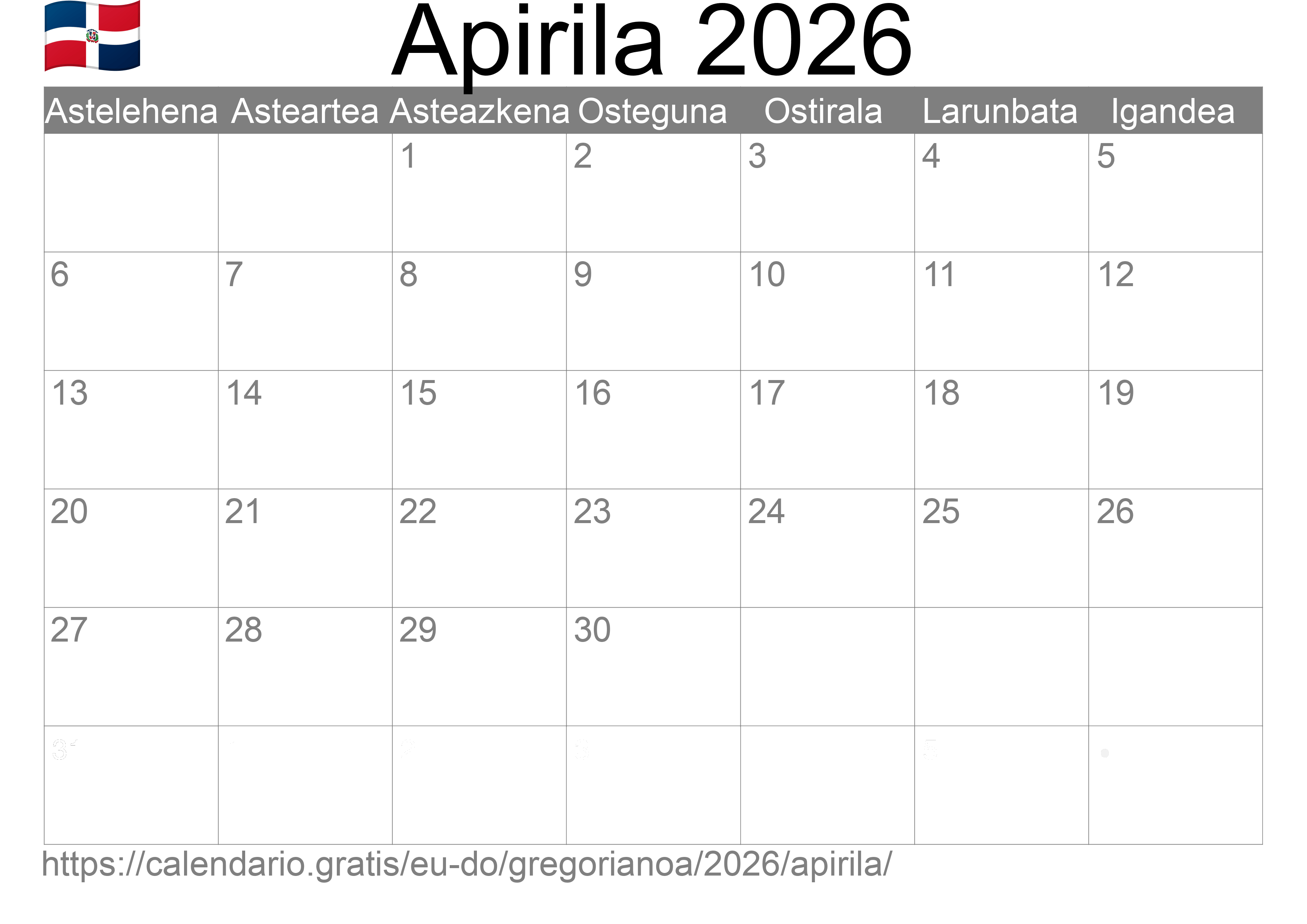 2026ko Apirila egutegia inprimatzeko